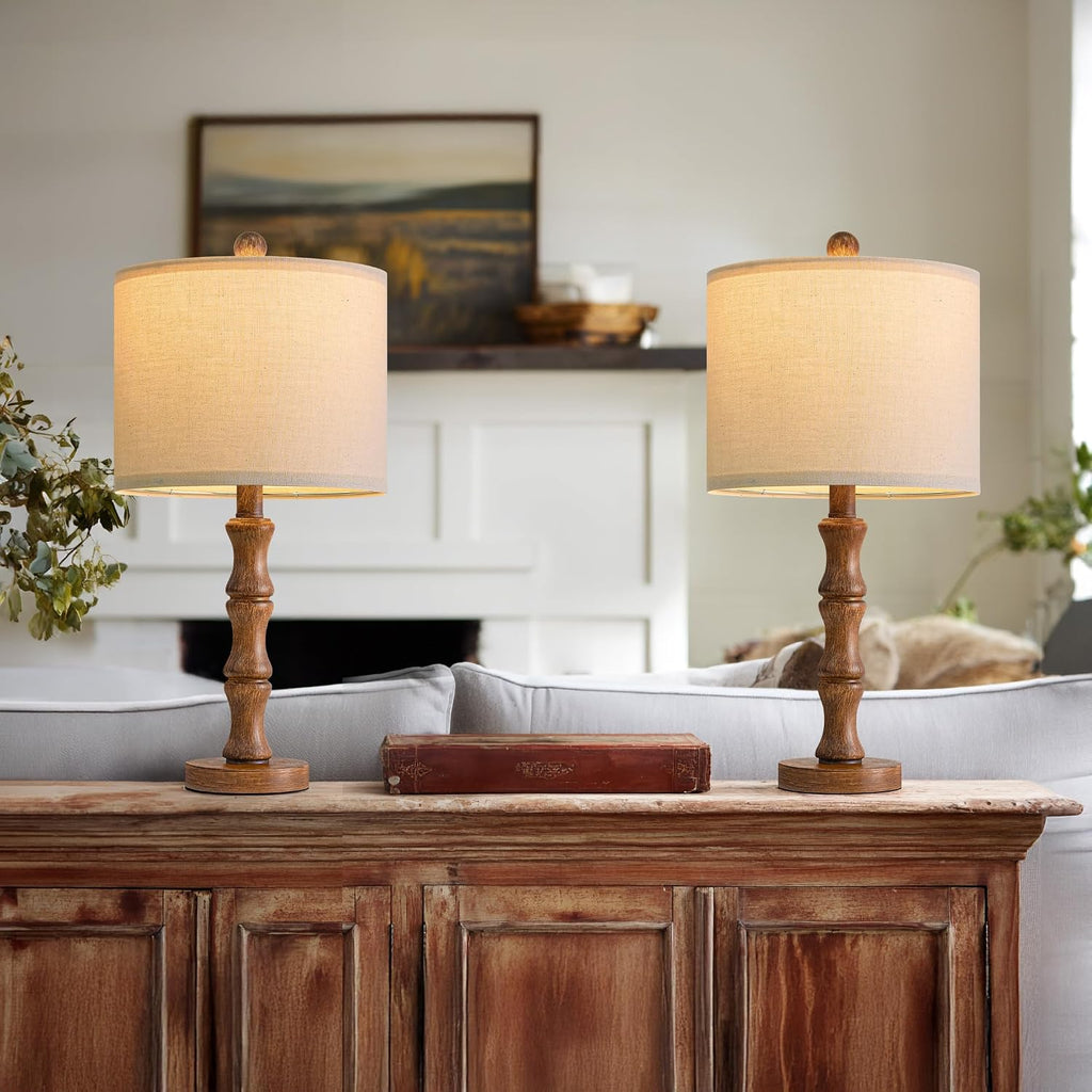 BOBOMOMO 20.5" Rustic Table Lamps Set of 2, Farmhouse Nightstand Lamp with Wood Grain Resin Base & Linen Shade, Small Bedside Lamp for…