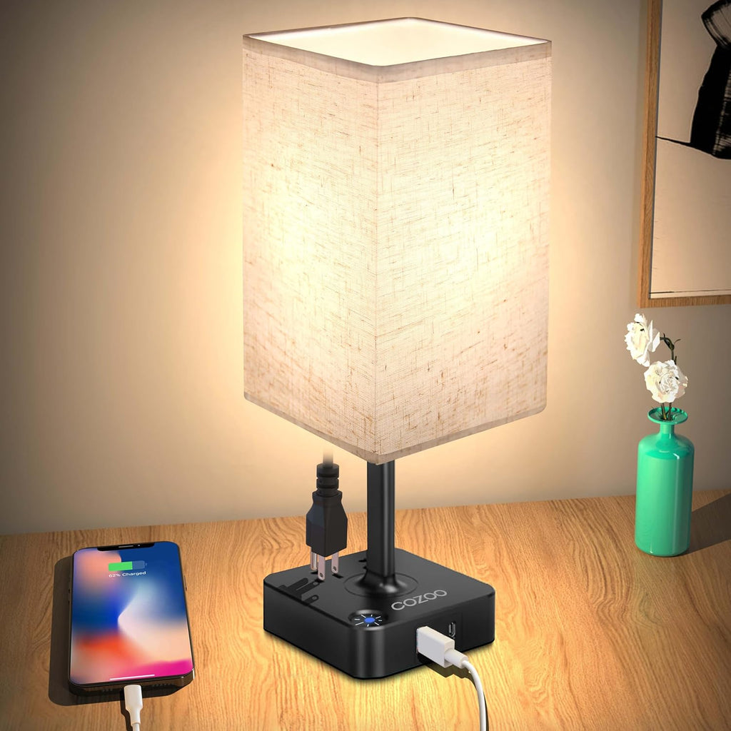 COZOO USB Bedside Dimmable Table Desk Lamp with 2 USB Charging Ports 2 Outlets Power Strip, Black Charger Base Flaxen Fabric Shade, LED…
