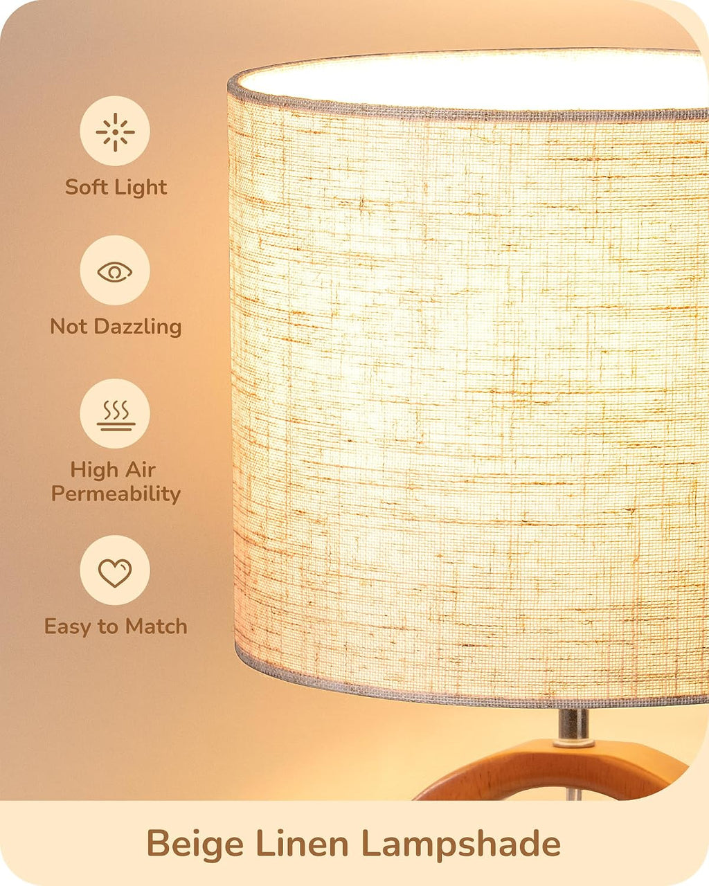 EDISHINE Small Wood Table Lamp, 13.4" Nightstand Lamp with Beige Linen Lampshade, ON-Off Switch, E26 Base, Modern Bedside Lamp for Living…