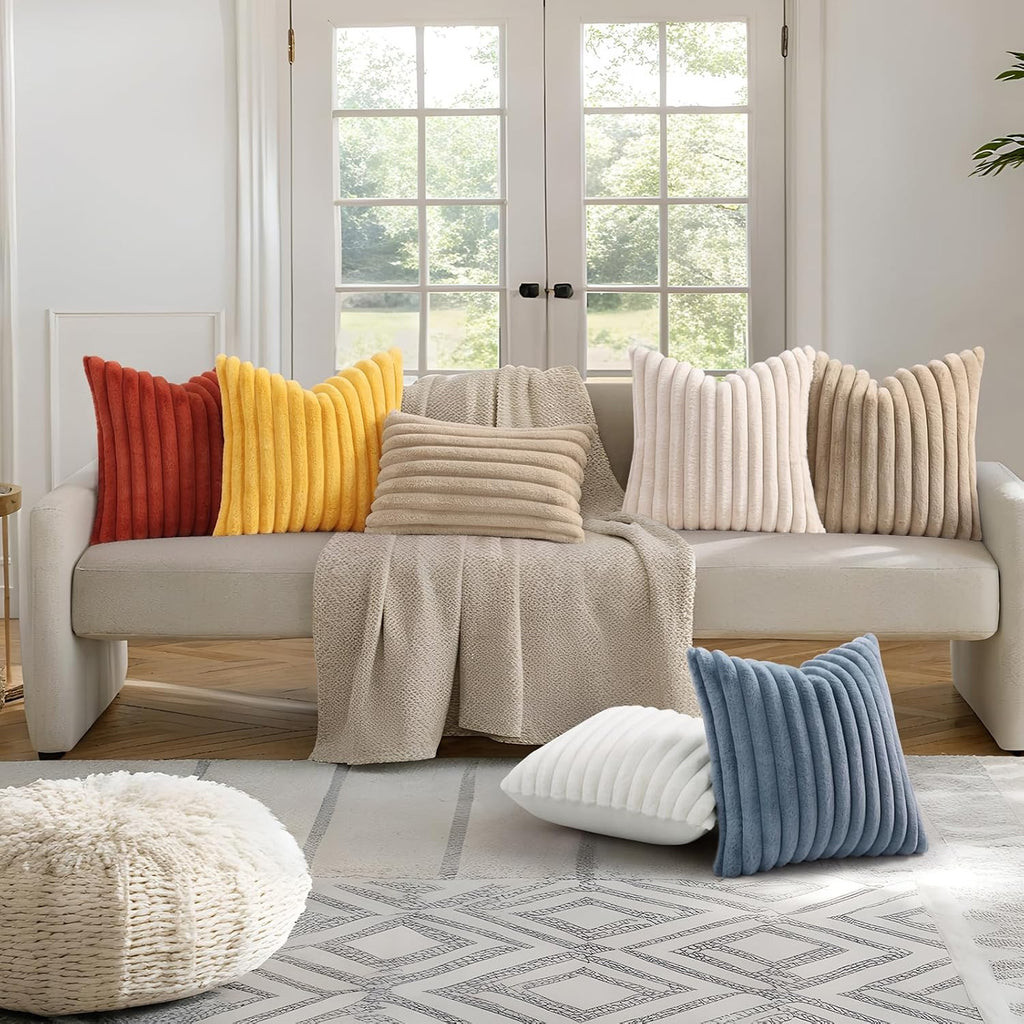 decorUhome Summer Cozy Faux Fur Throw Pillow Covers 20x20 Set of 2 Decorative Soft Plush Striped Modern Farmhouse Boho Couch Pillow Cases w…