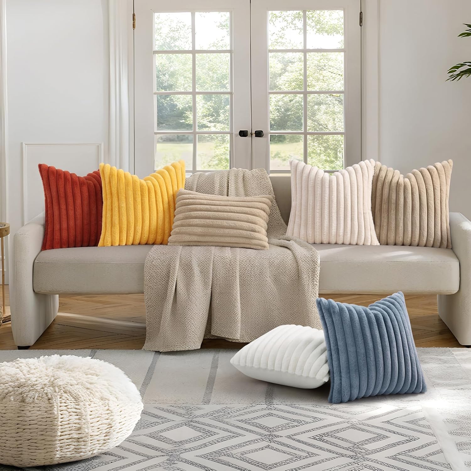 decorUhome Summer Cozy Faux Fur Throw Pillow Covers 18x18 Set of 2 Decorative Soft Plush Striped Modern Farmhouse Boho Couch Pillow Cases w…