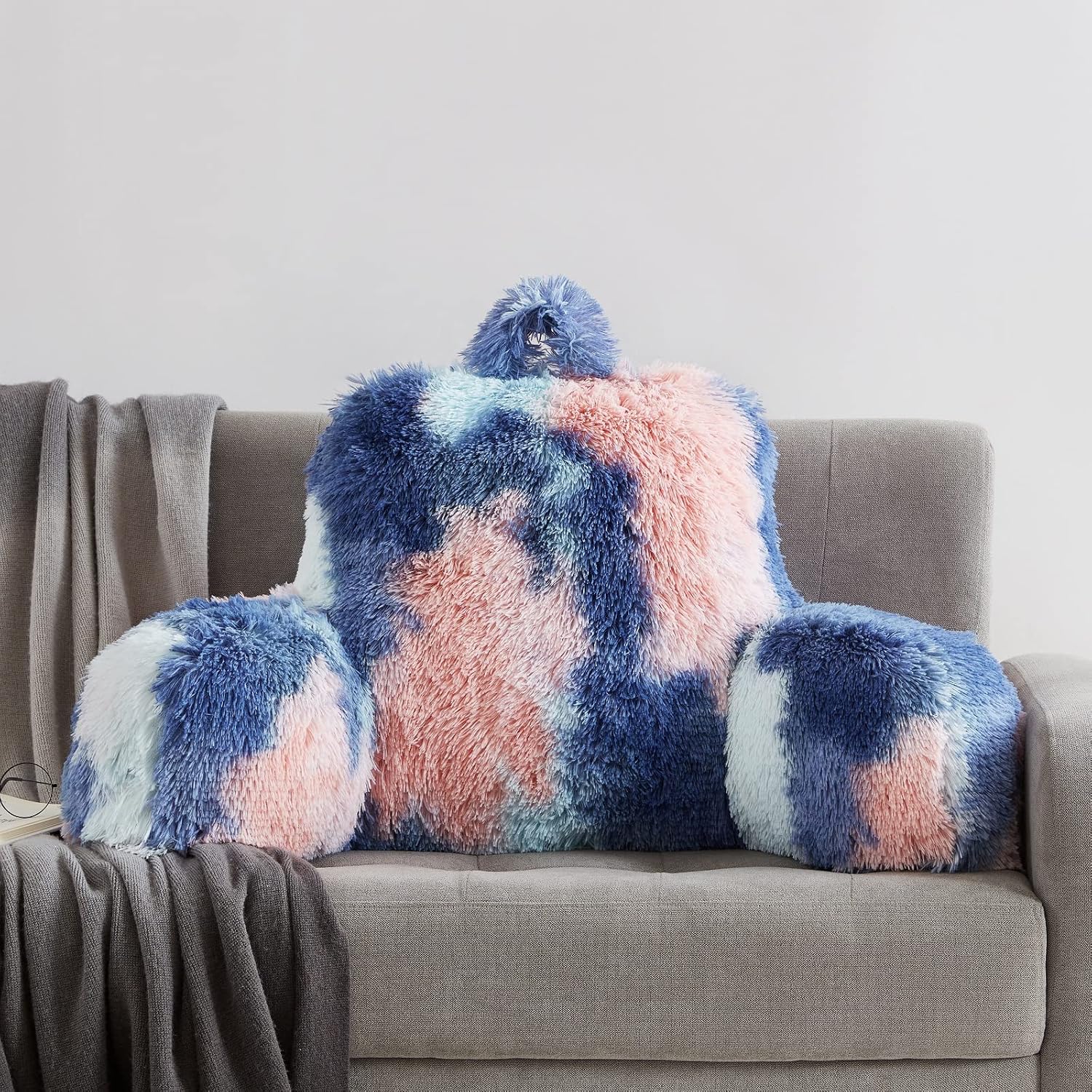 Bedriping Reading Pillow for Bed Adult - Faux Fur Backrest Pillow with Arms, Ergonomic Back Pillows for Sitting in Bed, Extra Fluffy TV Pil…