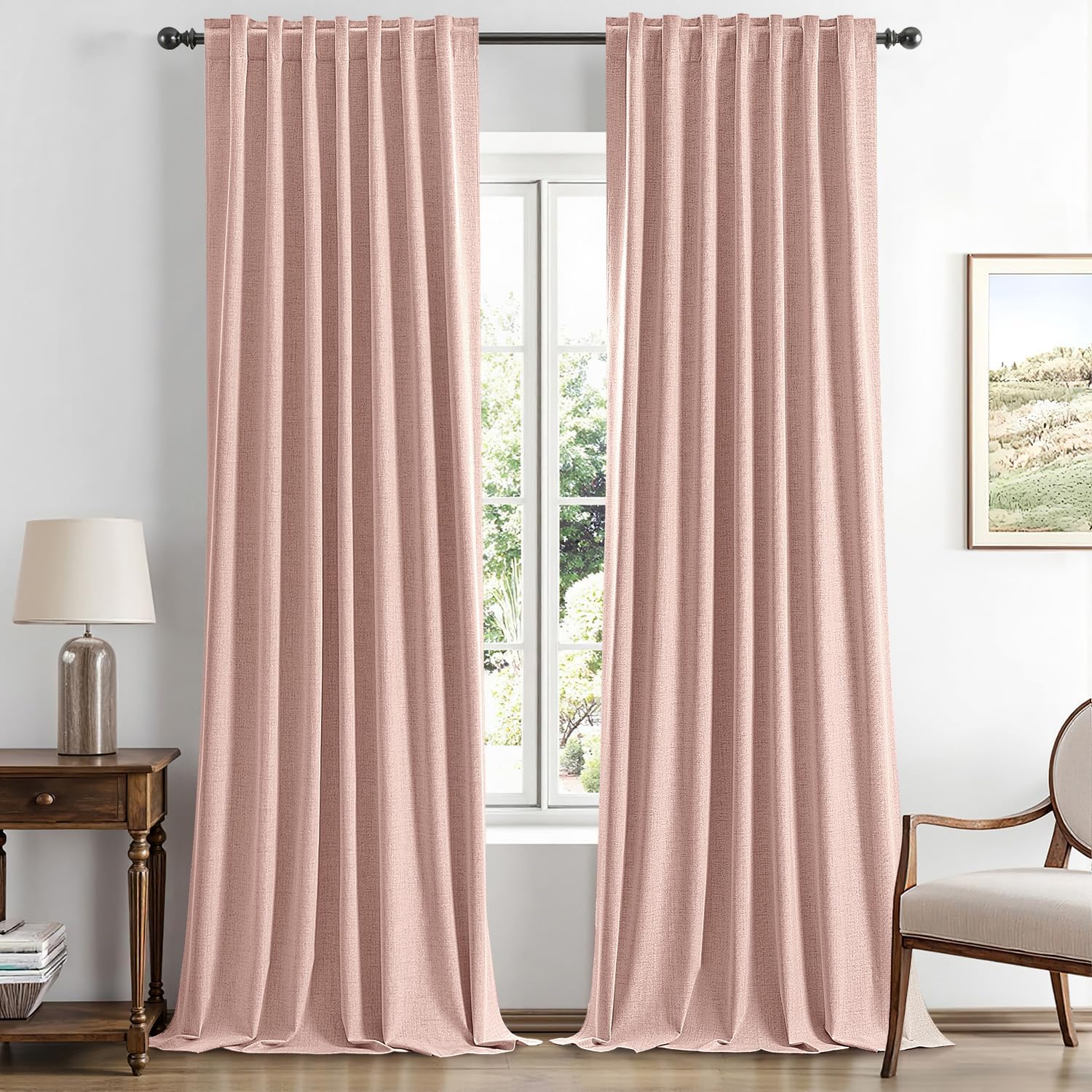 Miulee 100% Blackout Linen Curtains for Bedroom, Blush Pink Solid Luxury Decor Thermal Insulation Room Darkening Drapes for Living Room Nur…