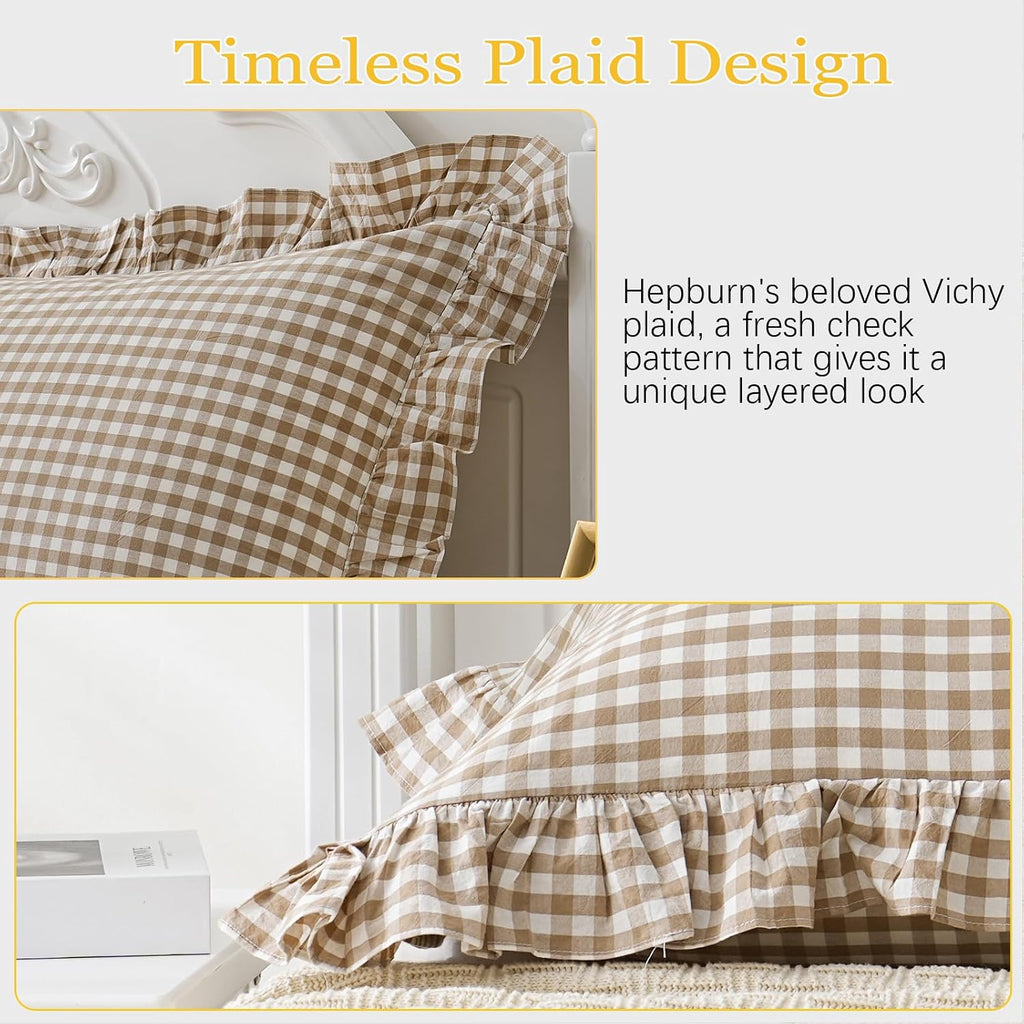 Qilunn 2 Pack Taupe White Plaid Gingham Ruffle Pillow Shams Standard Size 20x26 inches, 100% Washed Cotton Checkered Farmhouse Pillow Cover…