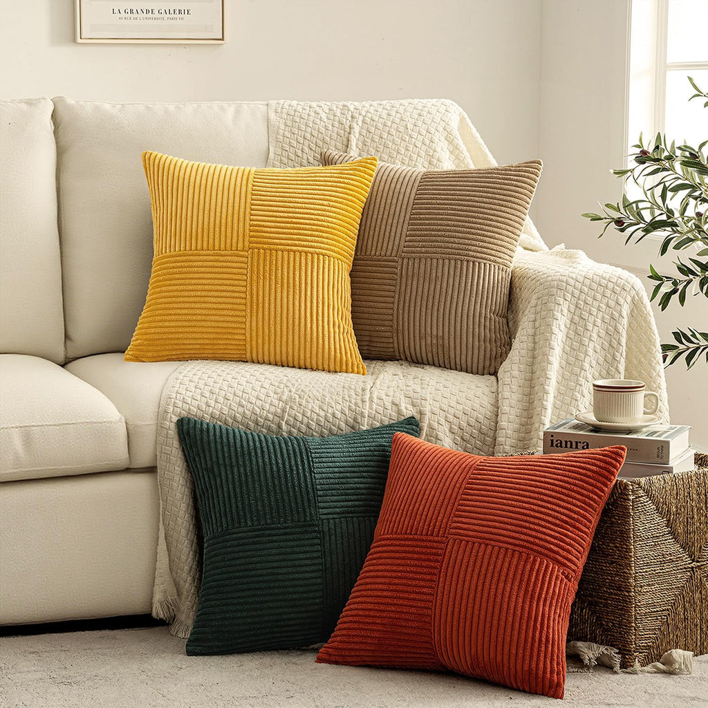 Miulee Green Rust Throw Pillow Covers 18x18 Inch Set of 4 Boho Farmhouse Soft Corduroy Striped Cushion Cases Decorative Color-Clash Home De…