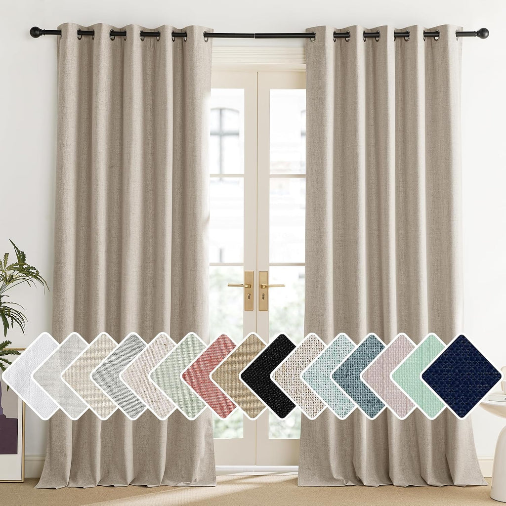 NICETOWN Oatmeal Vintage Open Linen Weave Flax Thermal Curtains, 100% Blackout Curtains 102" Long for Dining Room, Soundproof Window…