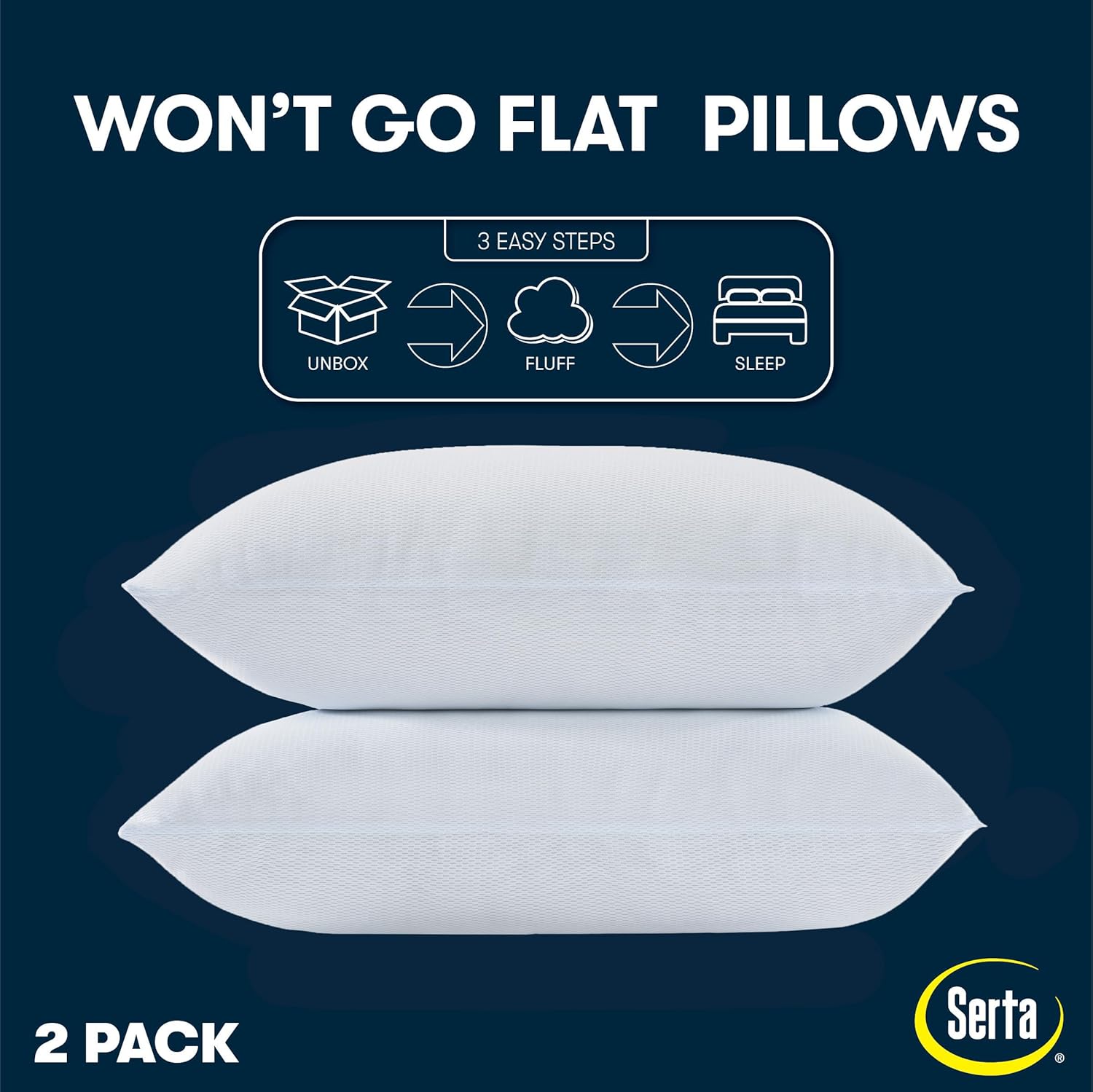 Serta Won't Go Flat Down Alternative Cooling Bed Pillows, Extra Life Foam Core with Medium Support, Perfect for Back, Stomach or Side Sleep…