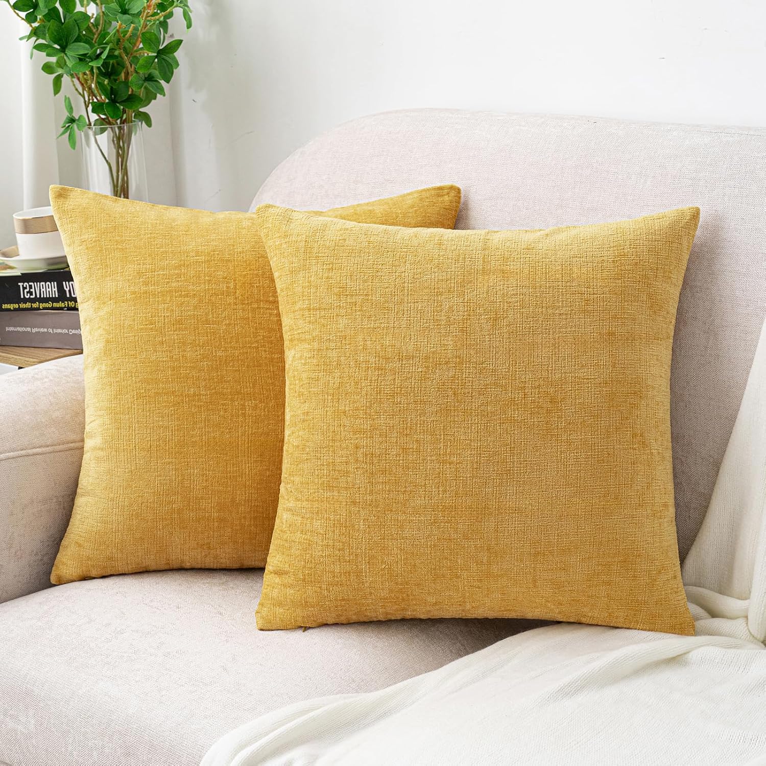 Hwy50 HWY 50 Mustard Yellow Throw Pillow Covers 20x20 Inch Pack of 2, Soft Chenille Decorative Cushion Cases for Couch Sofa Bed Living Room…