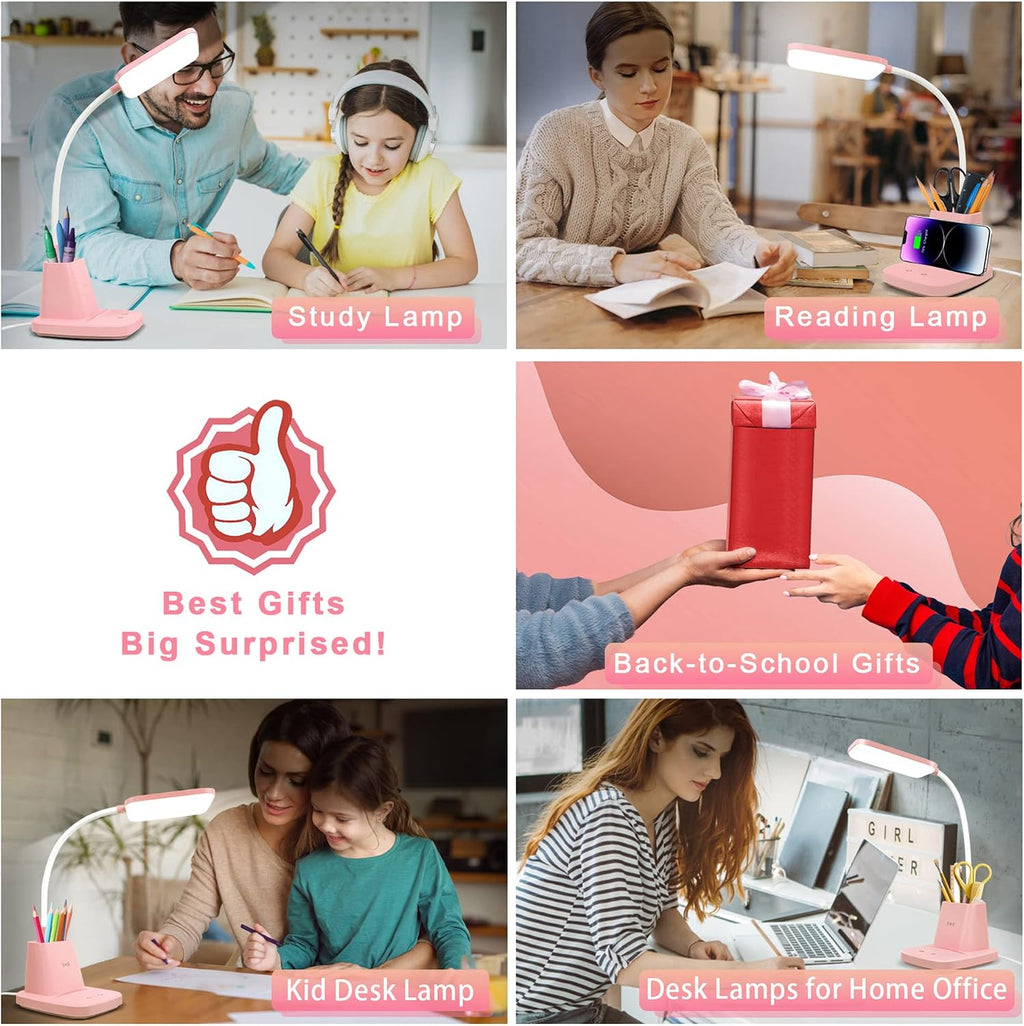 Pink Desk Lamp, Small Desk Lamp with Pen Holder, Wireless Charger LED Desk Lamps for Home Office, Kids Desk Lamps 800LM Flexible Arm 3…