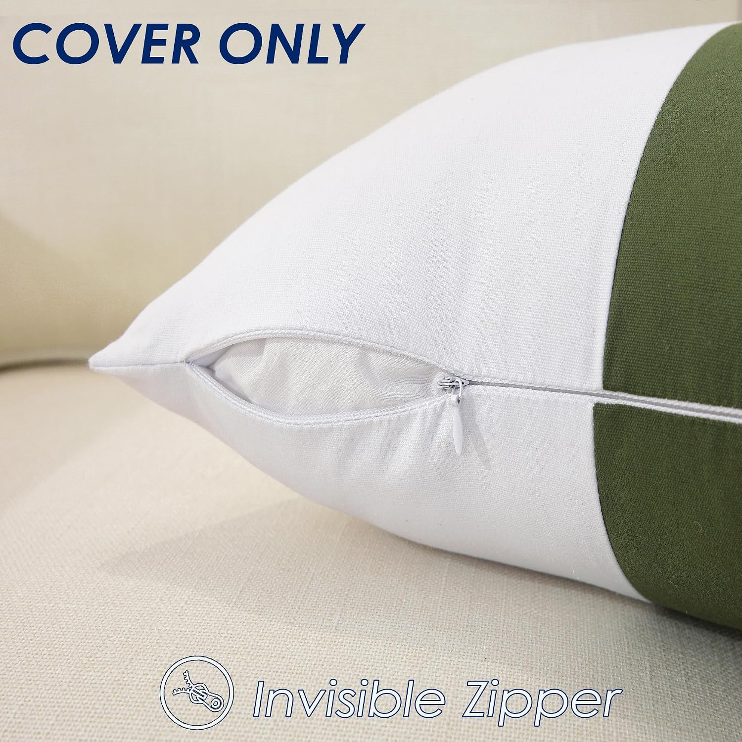 TAOSON Set of 2, 100% Cotton Canvas Patchwork Throw Pillow Covers 18x18 Inch Modern Olive Green Striped Pillow Cushion Covers Farmhouse…