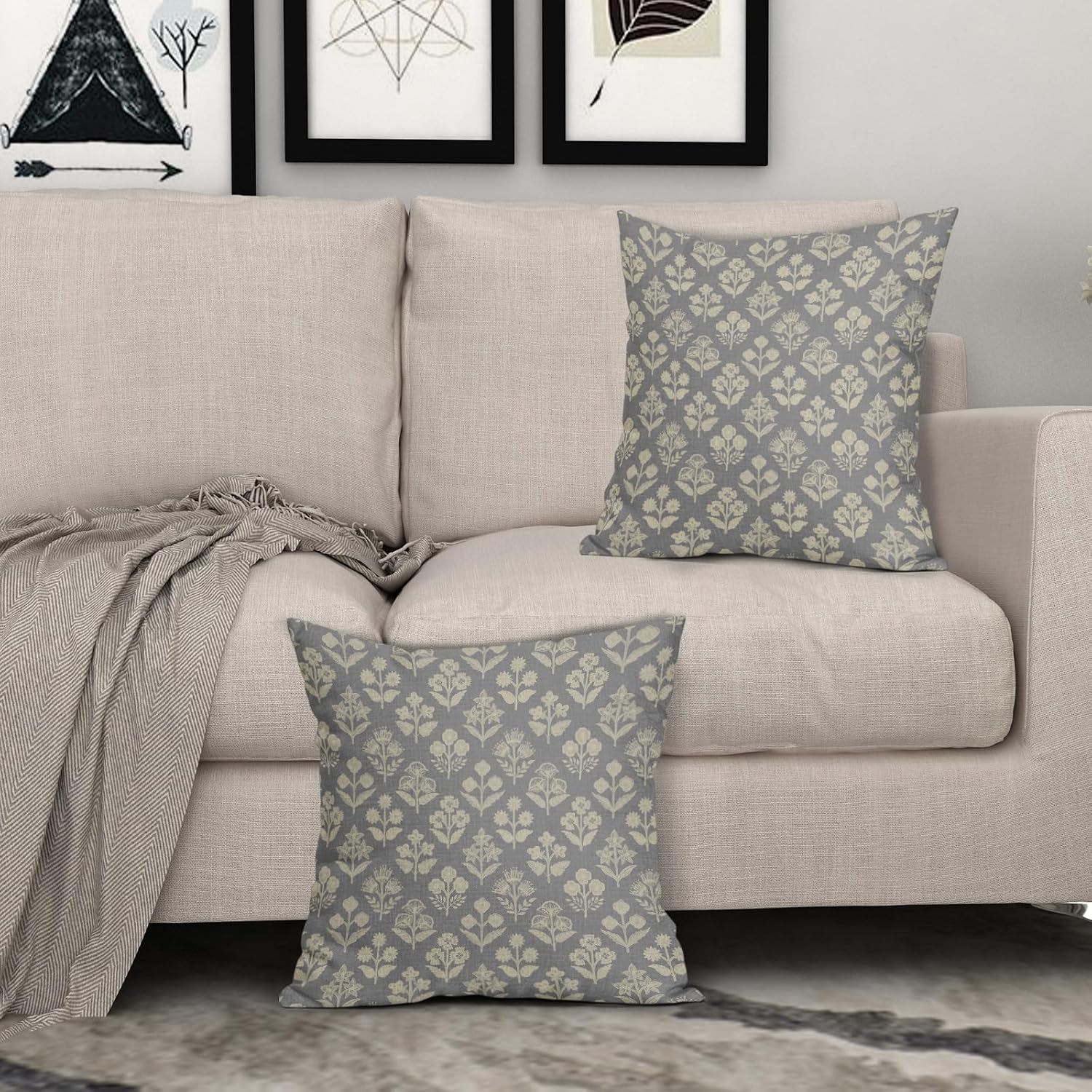 Grey Gray Floral Block Print Pillow Covers 20x20 Inch Set of 2, Vintage Flower Pattern Decorative Throw Pillowcases Outdoor Farmhouse…
