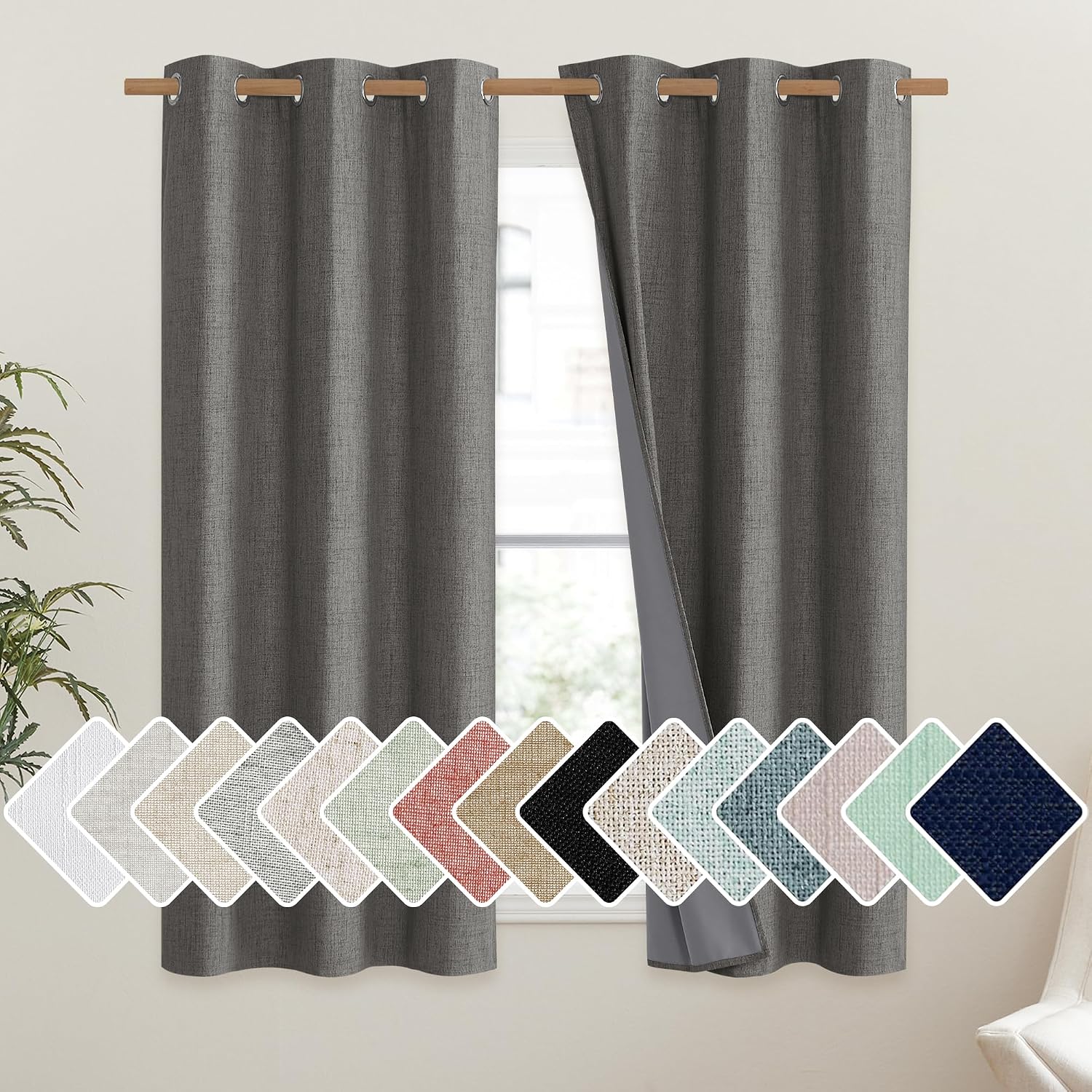 NICETOWN Grizzle Gray Vintage Linen 100% Blackout Curtains for Dining Room, Thermal Insulated Curtains 45" Long, Noise Reducing Window…