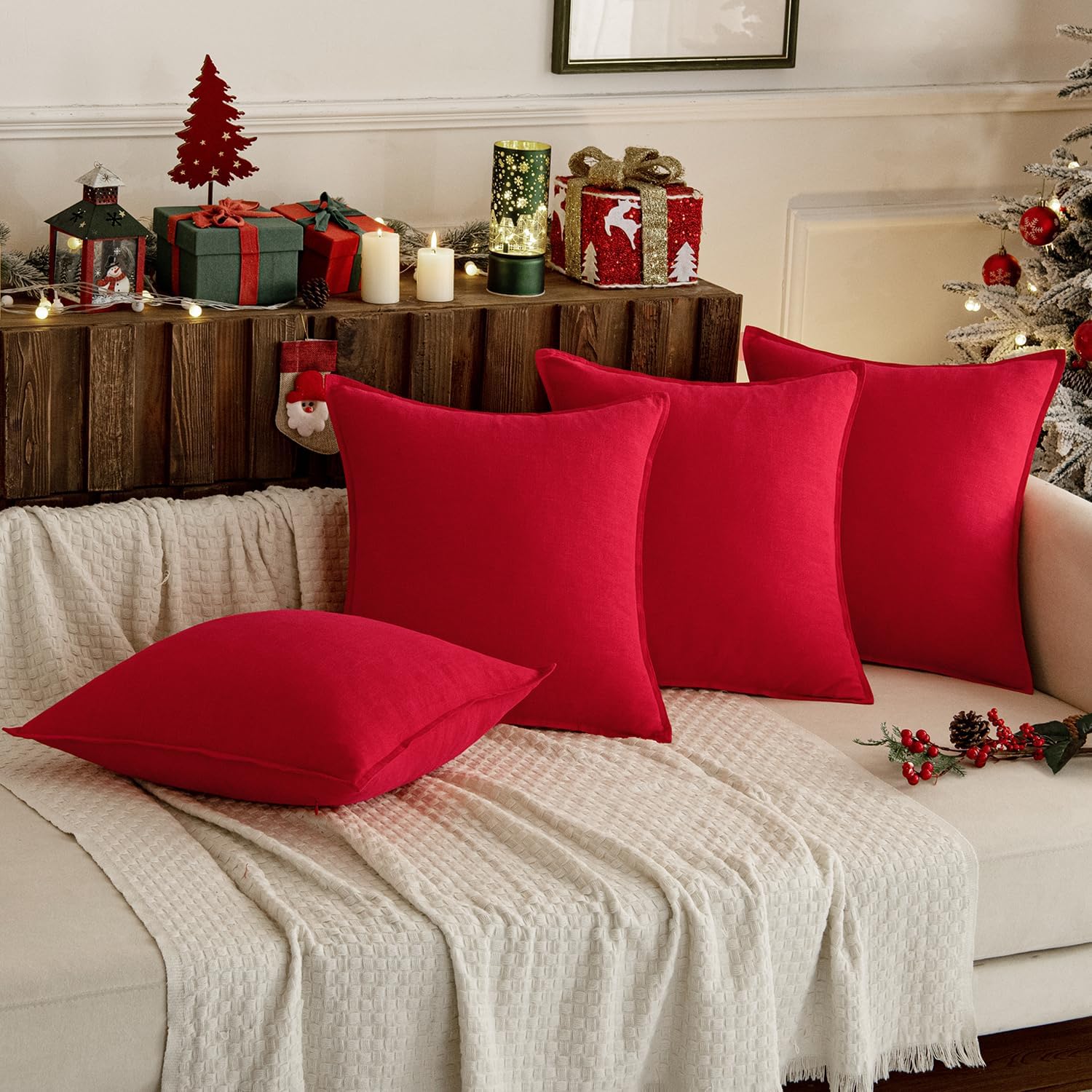 MIULEE Decorative Linen Pillow Covers 20x20 Inch Red Boho Farmhouse Neutral Couch Throw Pillows for Bed Pack of 2 Accent Modern…