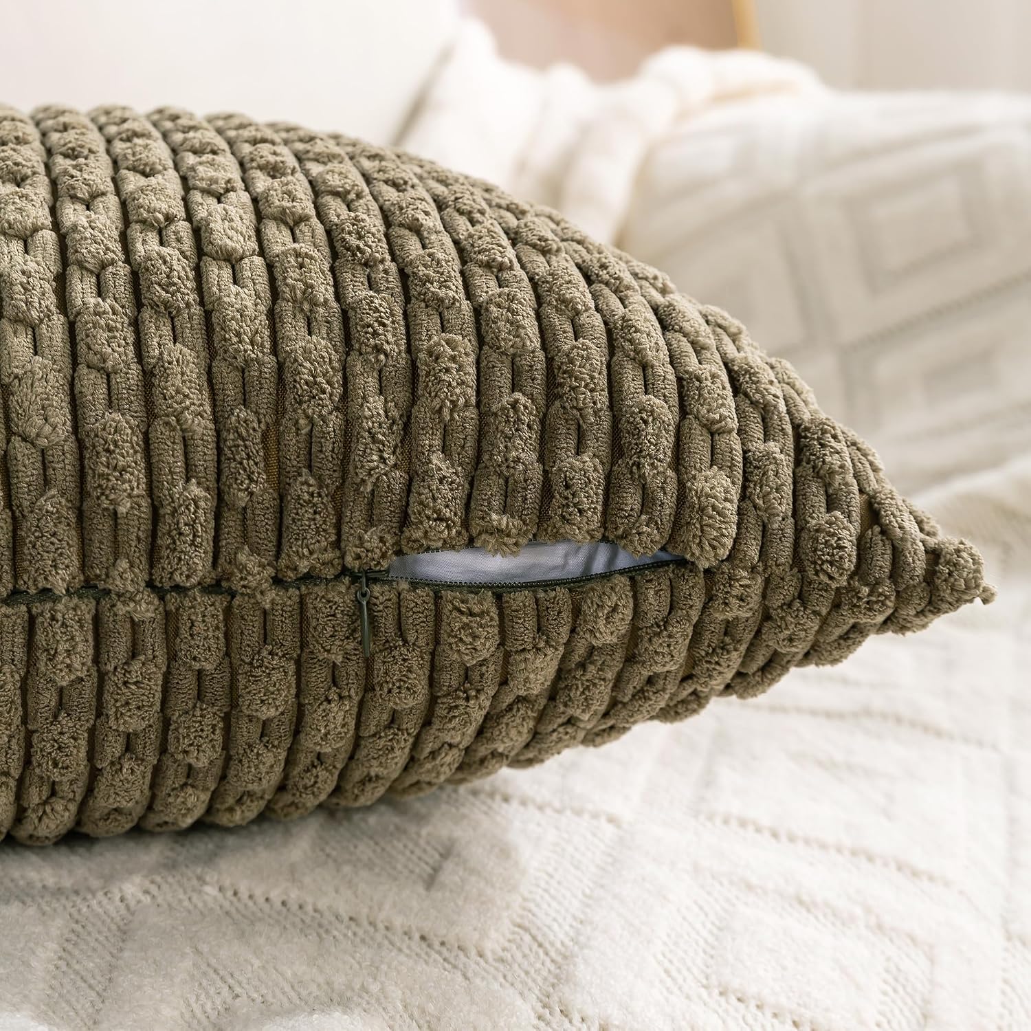 Cozoomy Set of 4 Olive Green Decorative Throw Pillow Covers 12x20 Inch Corduroy Pillow Covers for Bed Couch Sofa Living Room Soft Cushion C…