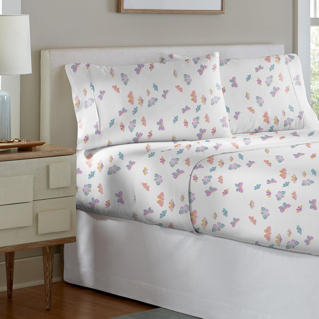 Pointehaven Butterfly Fairy Printed Cotton Percale 3 pc Sheet Set, Twin Extra Long