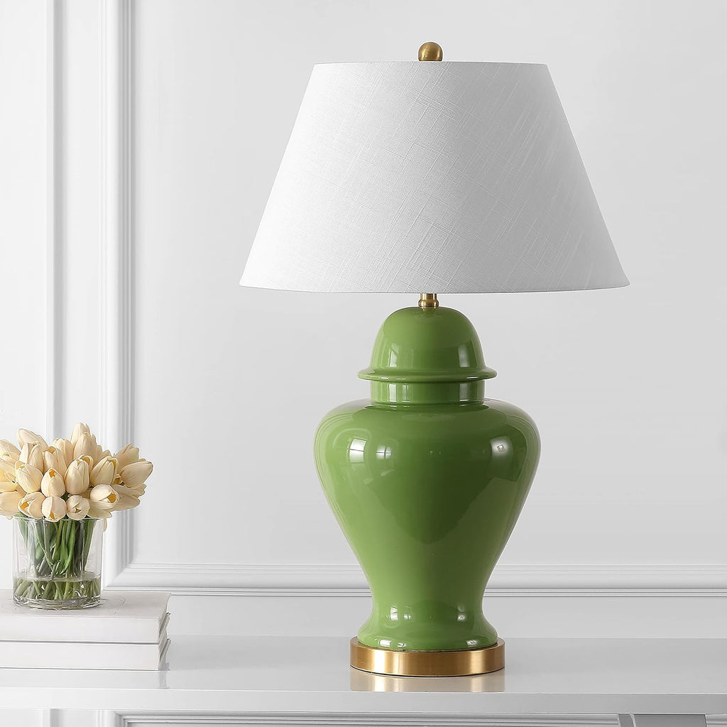 JONATHAN Y 33" Green Modern Ceramic Ginger Jar Table Lamp for Living Room, Traditional Bedside Lamp for Bedroom Entryway, White Linen…