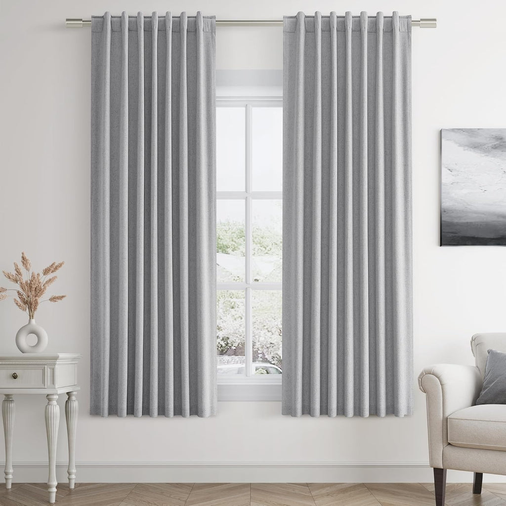 Guken Grey 100% Blackout Curtains 63 Inch Length 2 Panels Set for Living Room Bedroom Back Tab Thermal Insulated Black Out Linen Drapes Roo…