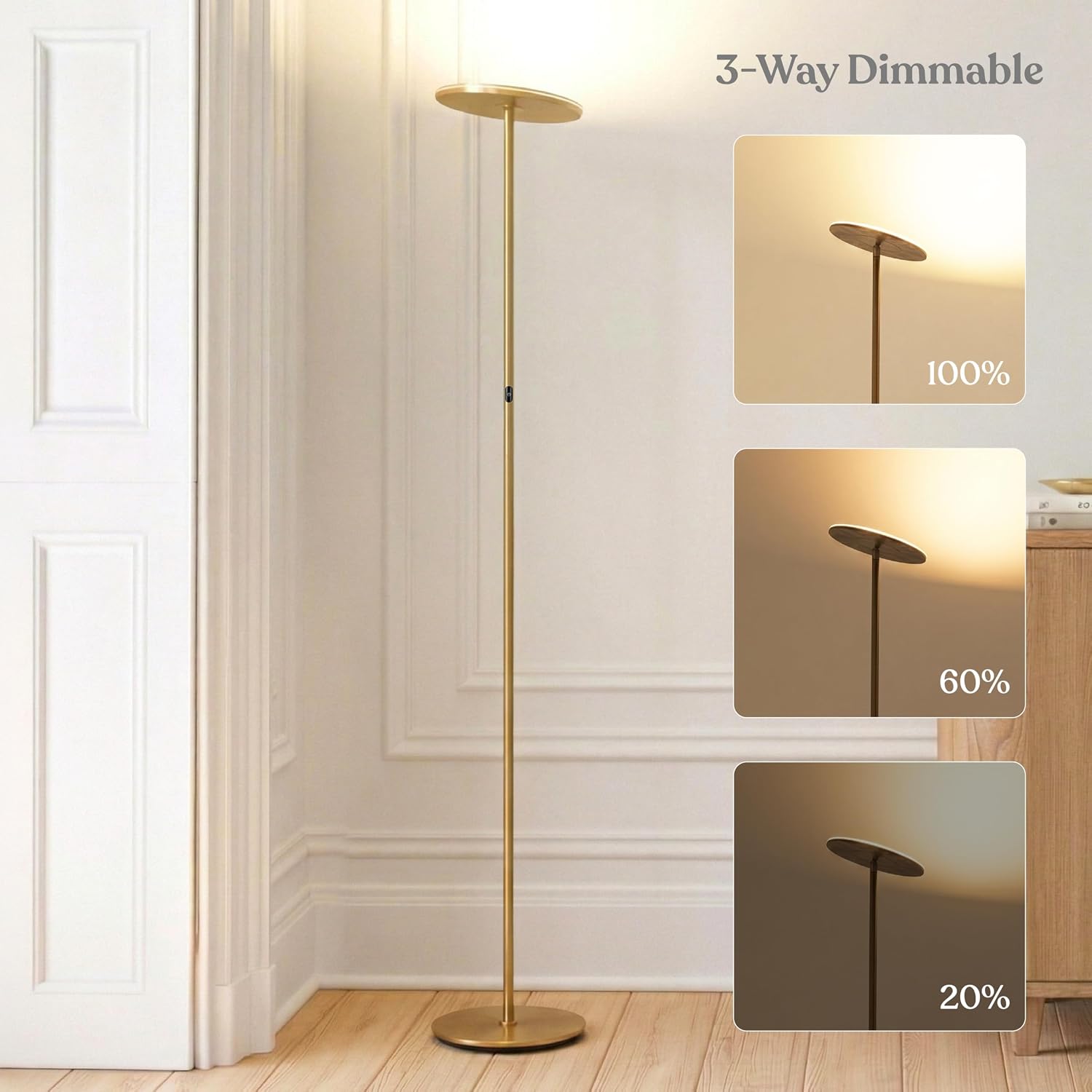 Brightech Sky LED Floor lamp, Torchiere Super Bright Floor Lamp for Living Room Decor & Office - Dimmable, Tall Standing Torch Lamp with Wa…