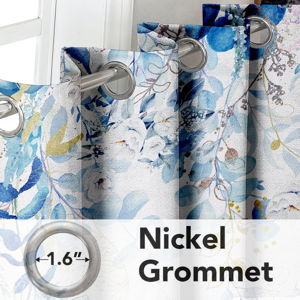 GOLDLAWN Blue and White Blackout Linen Textured Curtains for Bedroom Blue Floral Summer Thermal Insulated Grommet Room Darkening Cur…