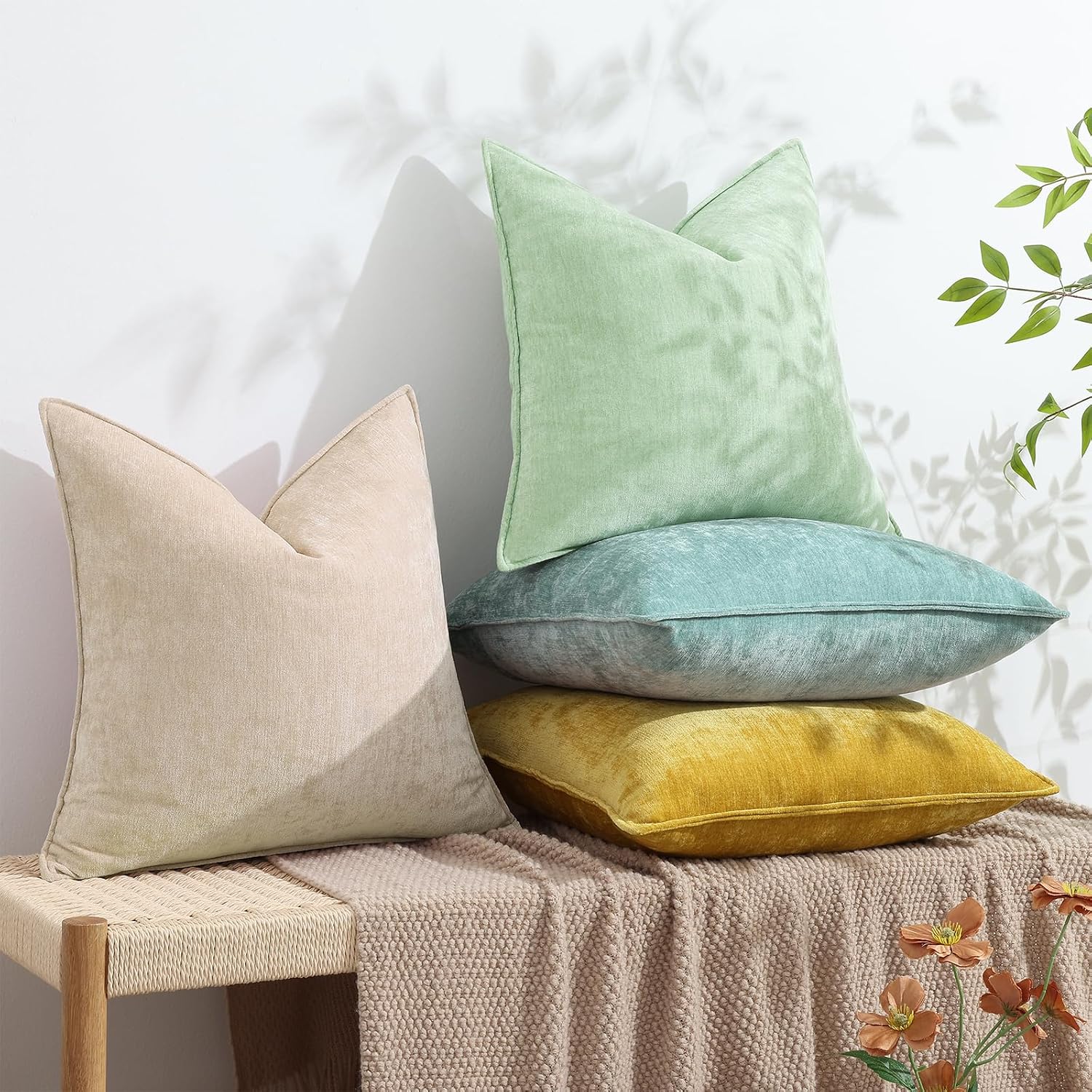 decorUhome Spring Couch Throw Pillow Covers 18x18 Set of 2, Decorative Soft Velvet Neutral Chenille Pillow Covers with Elegant Design for S…