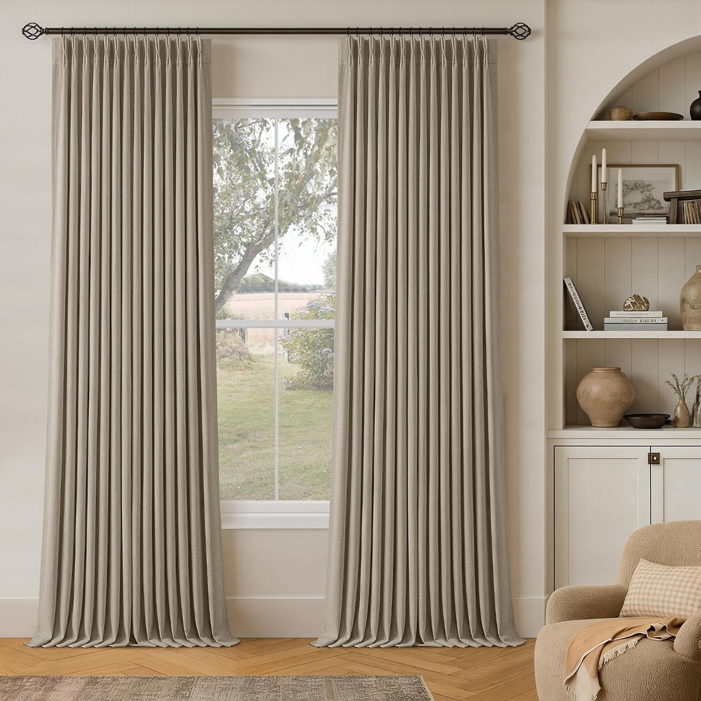 Twodrapes Greige Flax Linen Pinch Pleated Blackout Curtains 86 Inches Long for Bedroom Living Room Darkening 100% Black Out Pinch Pleat Dra…