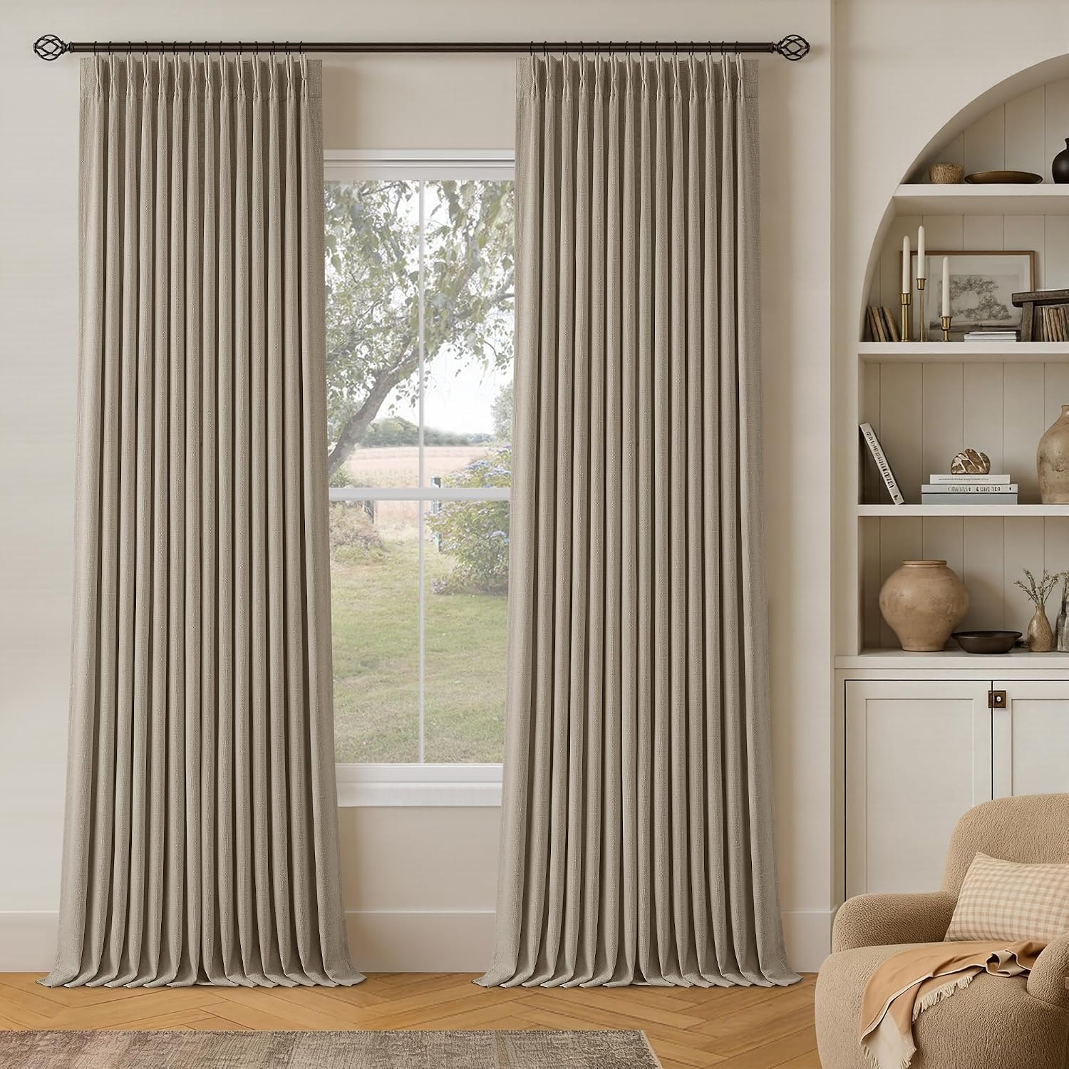 Twodrapes Greige Flax Linen Pinch Pleated Blackout Curtains 86 Inches Long for Bedroom Living Room Darkening 100% Black Out Pinch Pleat Dra…