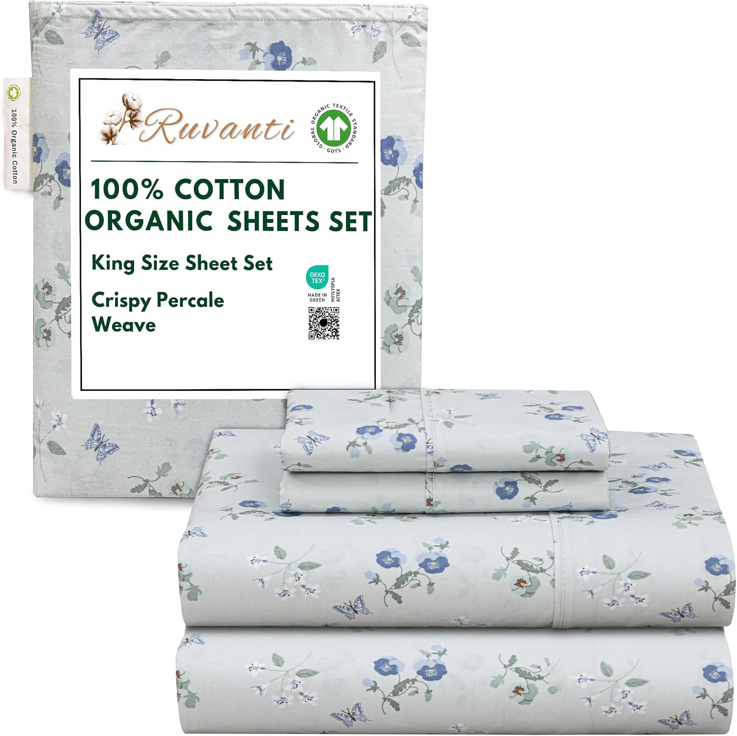 Ruvanti 100% Cotton Organic Percale Sheets King Size – Crisp Cooling Bed Sheets for Hot Sleepers, Deep Pocket 15”, Soft Peach Finish, Breat…