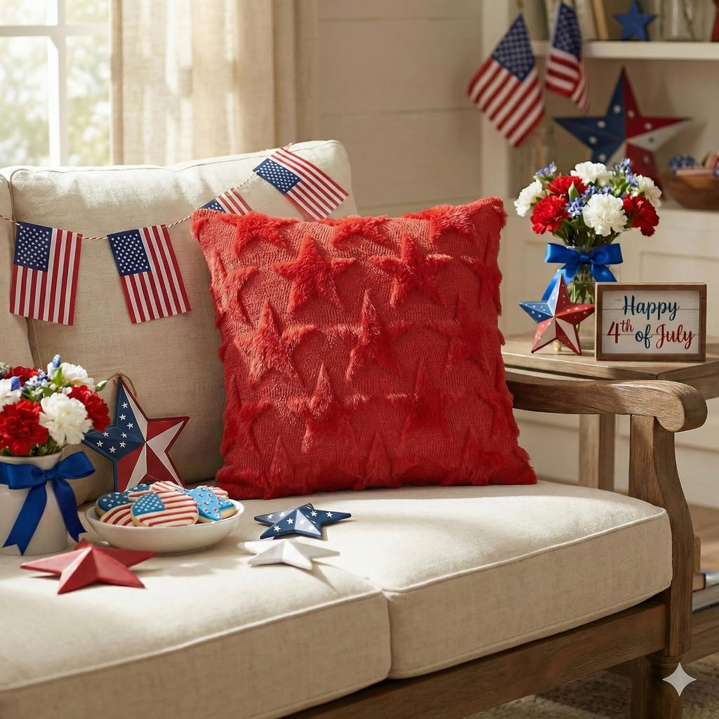 AVOIN colorlife 4th of July Stars Red Patriotic Throw Pillow Covers, 20 x 20 Inch Independence Memorial Day Soft Plush Faux Fur Jacquard…