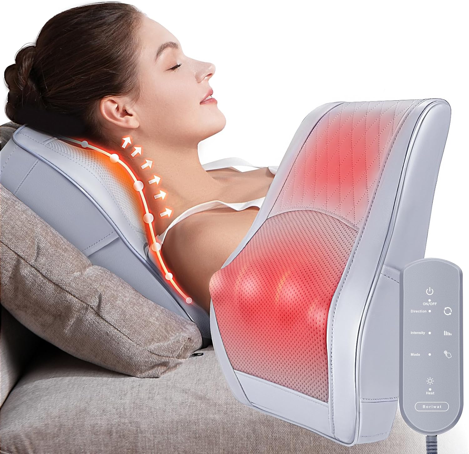 Boriwat Back Massager with Heat, 3D Kneading Massage Pillow for Back, Neck, Shoulder, Leg Deep Tissue, Gifts for Women Men Mom Dad(Light Gr…