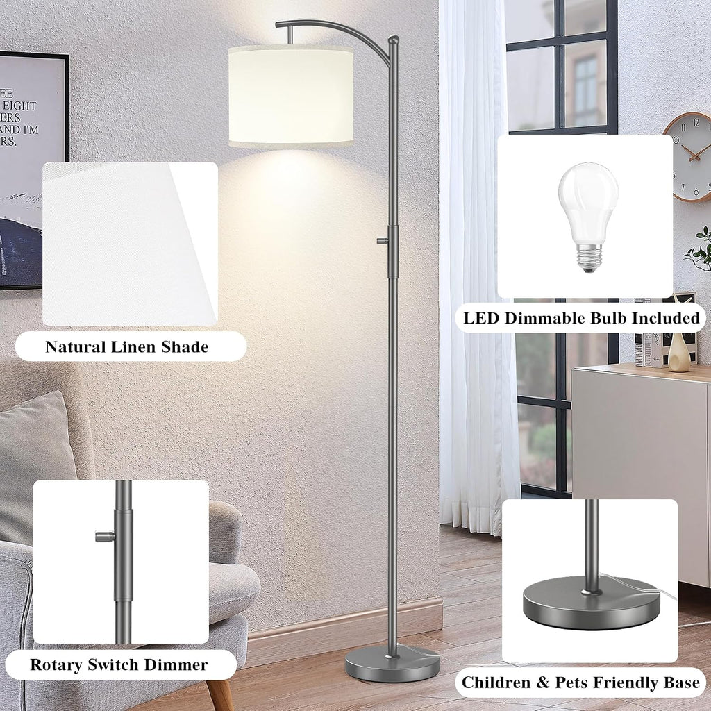 Dimmable Floor Lamp, Arc Floor Lamps for Living Room, Stepless Dimming Modern Standing Lamp with Linen Shade, Tall Lamp for Bedroom…