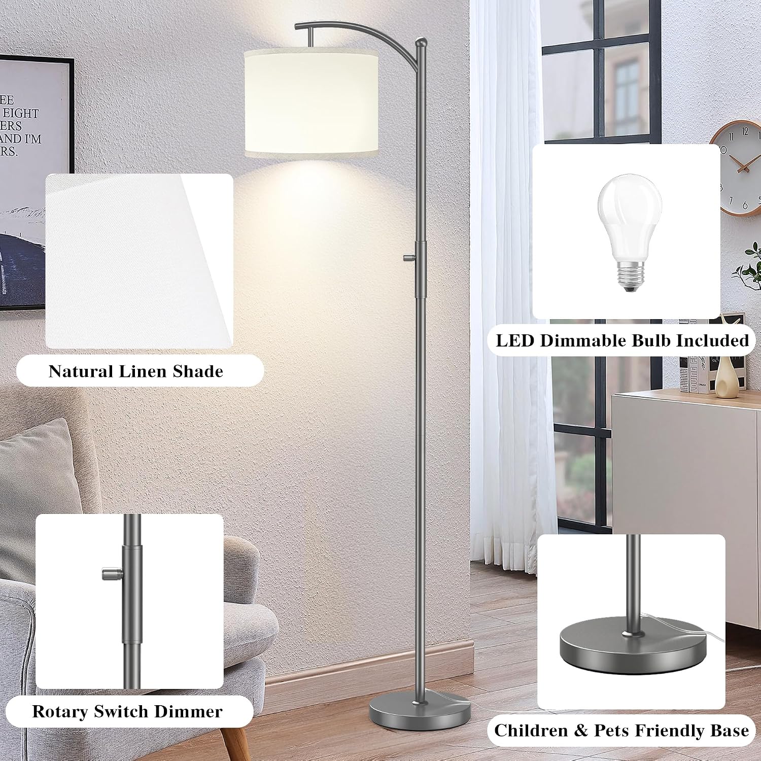 Dimmable Floor Lamp, Arc Floor Lamps for Living Room, Stepless Dimming Modern Standing Lamp with Linen Shade, Tall Lamp for Bedroom…