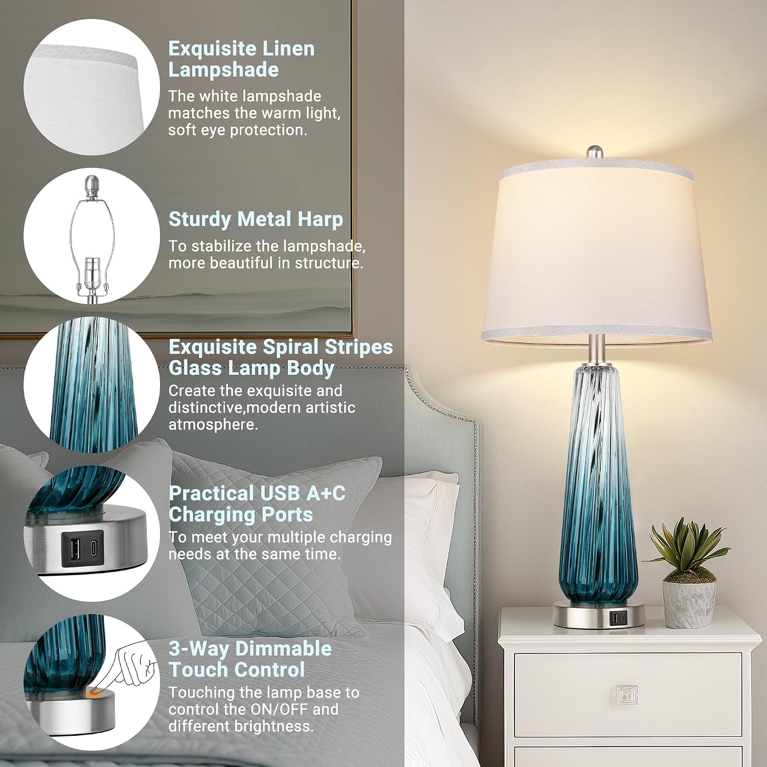 Glass Table Lamps for Living Room, Modern Bedside Lamps with USB A+C Ports, 3-Way Dimmable Touch Control Nightstand Lamp with White Linen…