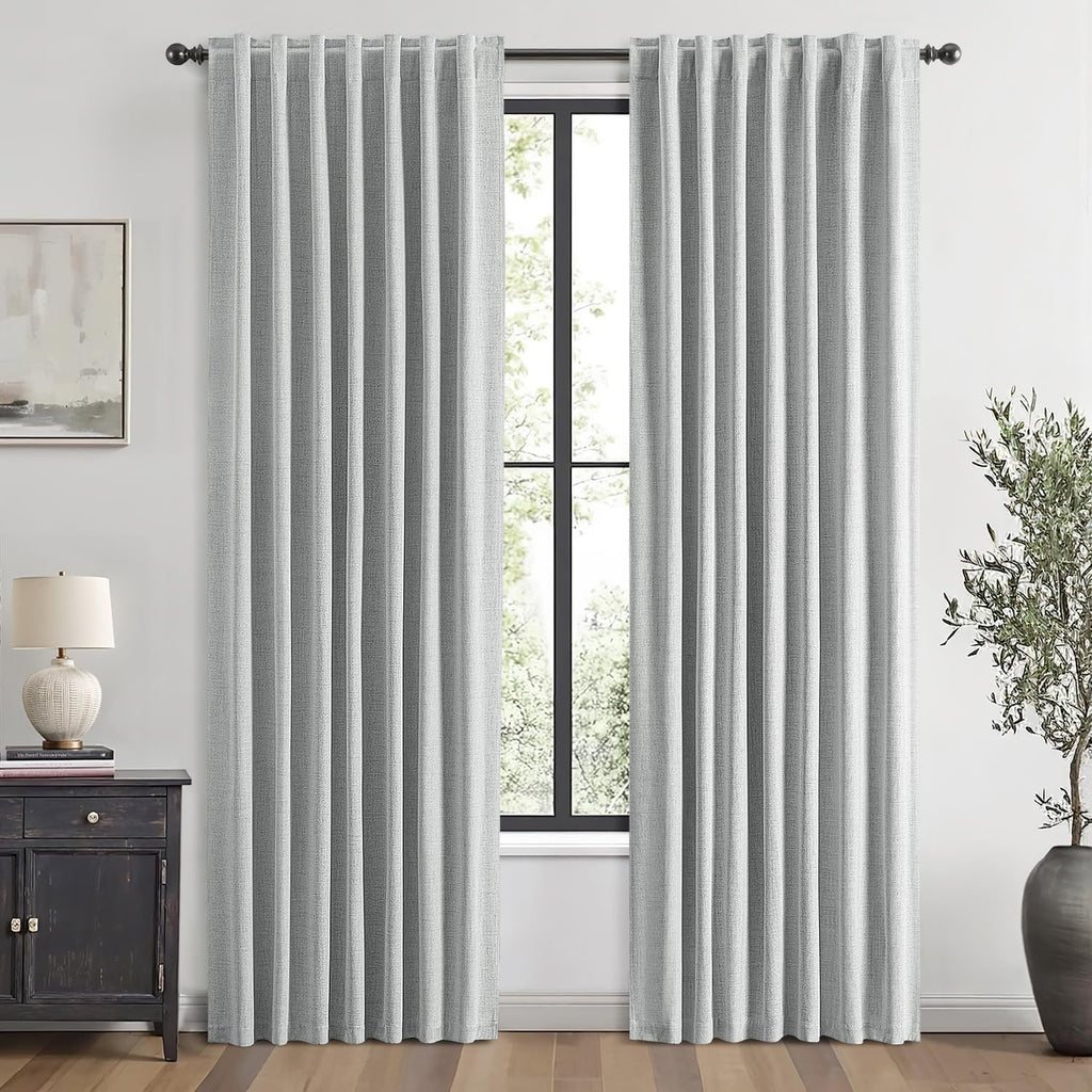 Miulee 100% Blackout Linen Curtains for Bedroom, Grey Solid Luxury Decor Thermal Insulation Room Darkening Drapes for Living Room Nursery B…