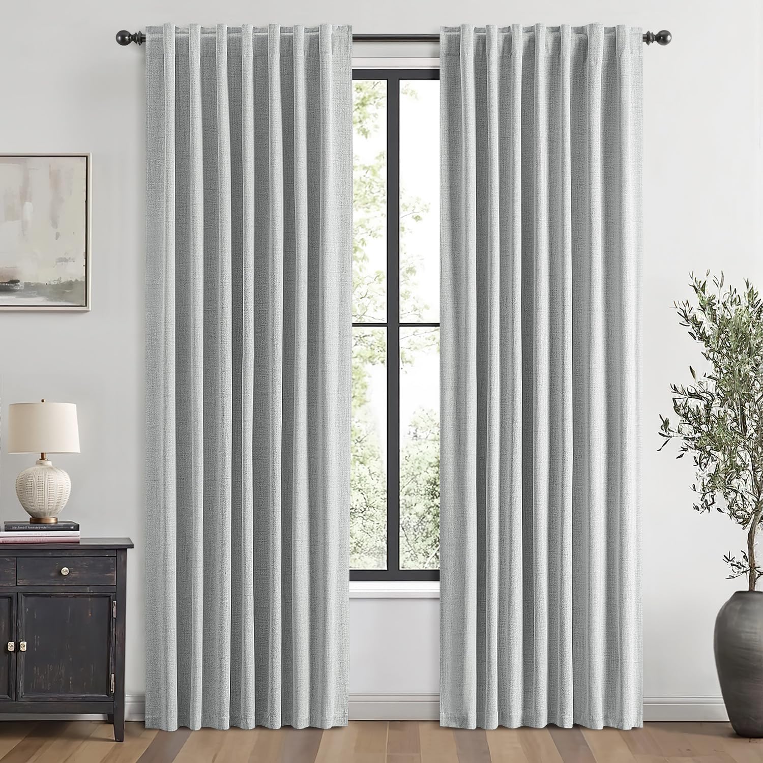 Miulee 100% Blackout Linen Curtains for Bedroom, Grey Solid Luxury Decor Thermal Insulation Room Darkening Drapes for Living Room Nursery B…