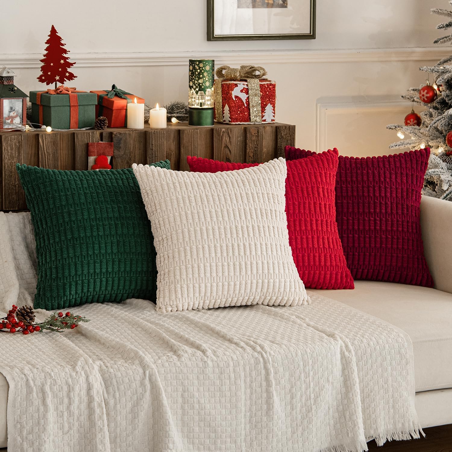 Miulee Pack of 4 Christmas Boho Farmhouse Red and Green Corduroy Decorative Throw Pillow Covers 20x20 Inch Retro Soft Striped Pillow Covers…