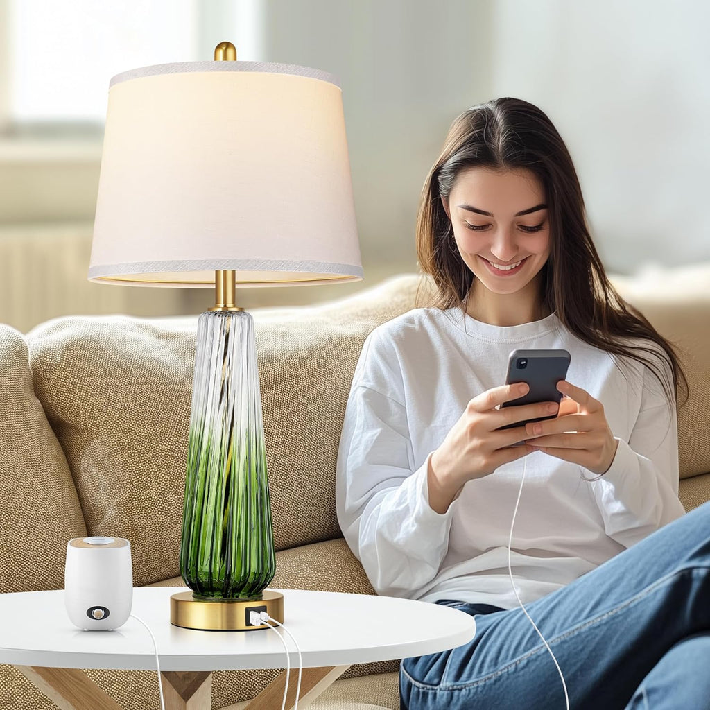 Glass Table Lamps Set of 2, Modern Bedside Lamps for Bedrooms with USB A+C Ports, 3-Way Dimmable Touch Control Nightstand Lamp with White…