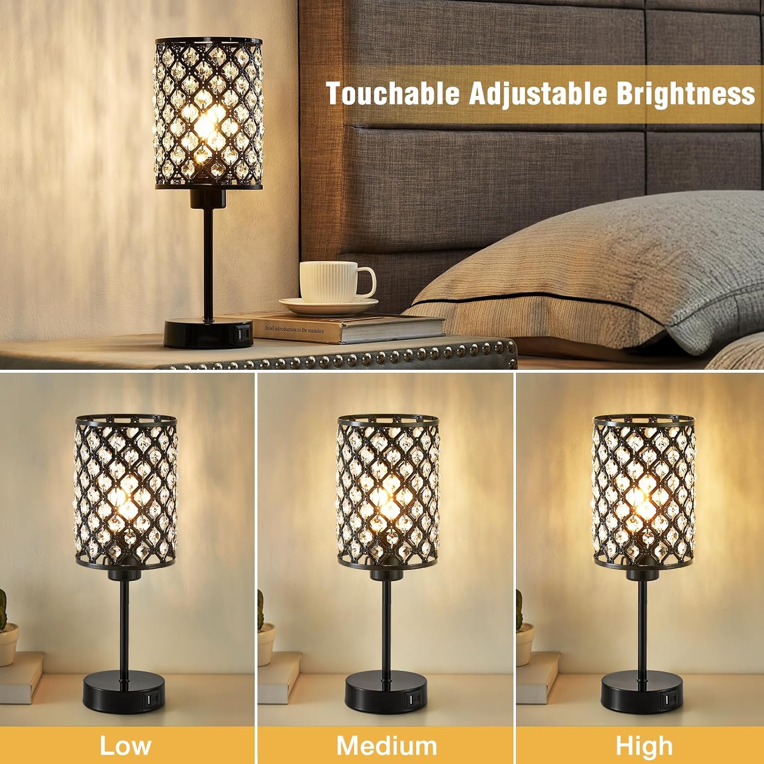 GyroVu Crystal Table Lamp, Black Lamp for Bedroom Nightstand with USB C+A Ports, Dimmable Touch Lamp with Crystal Shade, Bedside Lamp…