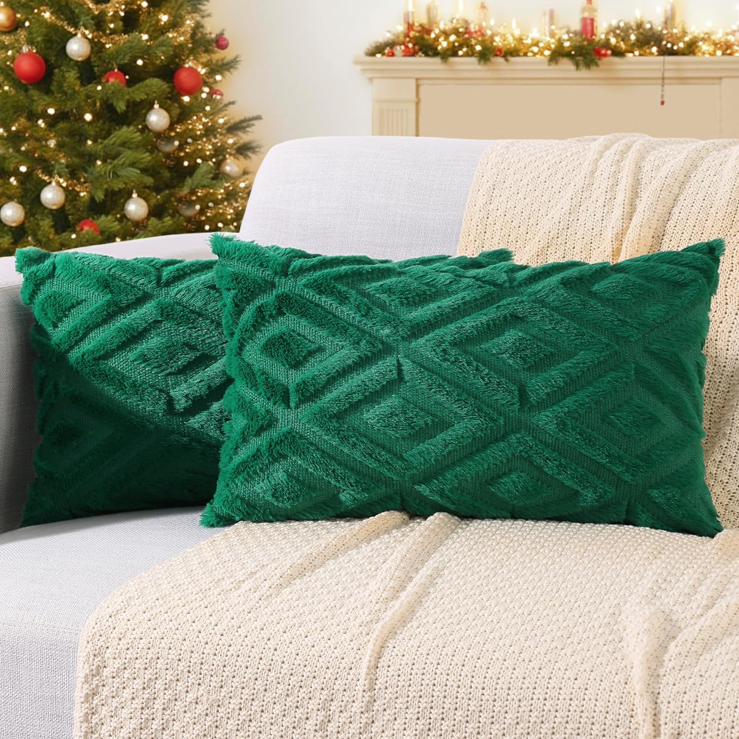 decorUhome Summer Couch Throw Pillow Covers 12x20 Set of 2, Decorative Soft Plush Faux Fur Wool Lumbar Accent Pillow Covers for Modern Farm…