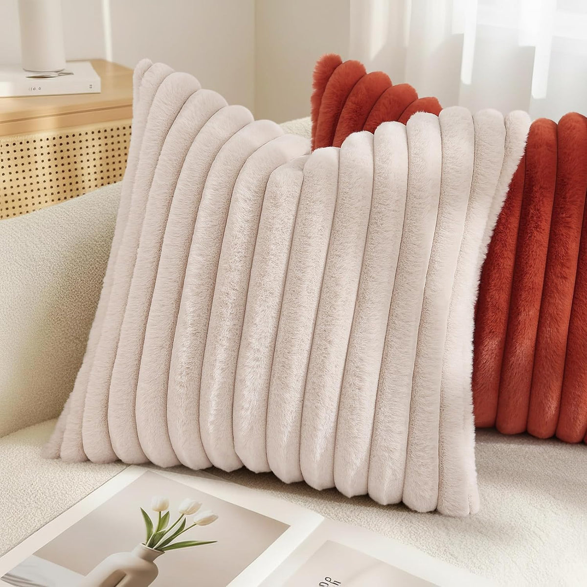 decorUhome Summer Cozy Faux Fur Throw Pillow Covers 16x16 Set of 2 Decorative Soft Plush Striped Modern Farmhouse Boho Couch Pillow Cases w…