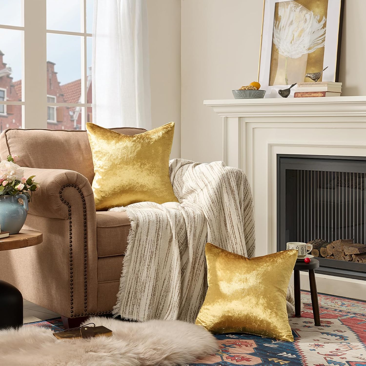 GIGIZAZA Decorative Couch Throw Pillow Covers, Set of 2 Gold Square Pillow Cushion Covers 22x22, Pillow Cases Velvet Pillow Covers