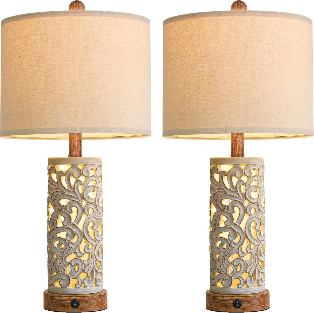 Oyears 22'' Table Lamp Set of 2 for Living Room, Farmhouse Lamp for for Bedroom, Vintage Retro Bedside Lamps with USB Ports Linen Shade for H…