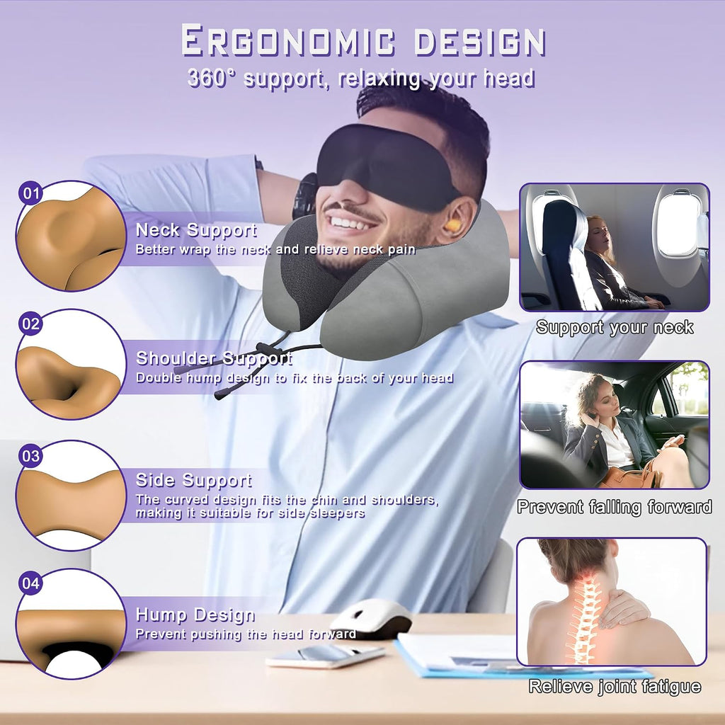 Neck Travel Pillow, Upgraded Memory Foam Pillow for Airplane, Machine Washable, Adjustable Flight Pillow, Suitable for Sleeping Airplane…