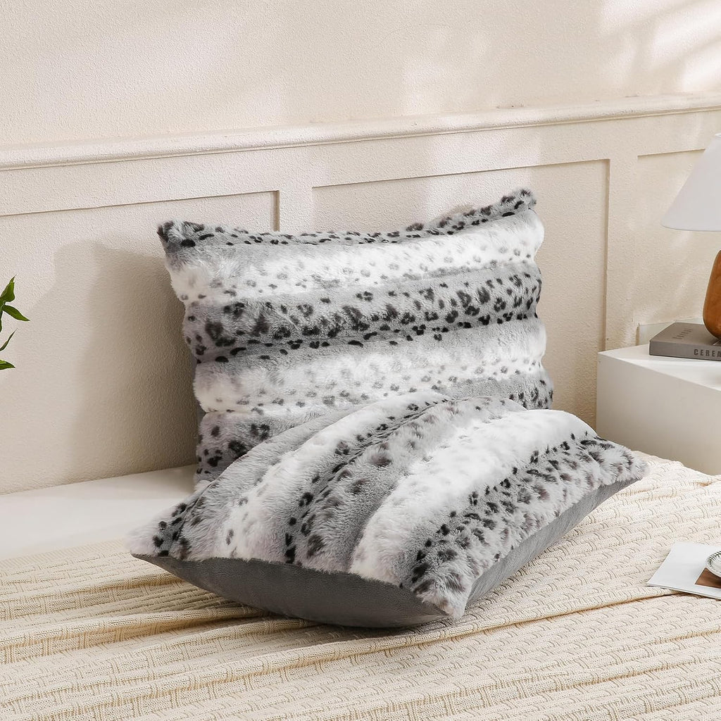 Chumerry Fuzzy Faux Fur Pillow Case Plush Shaggy Pillow Cover Plaid Check Texture Extra Soft Fluffy Faux Rabbit Fur Fabric Gray Decorative…