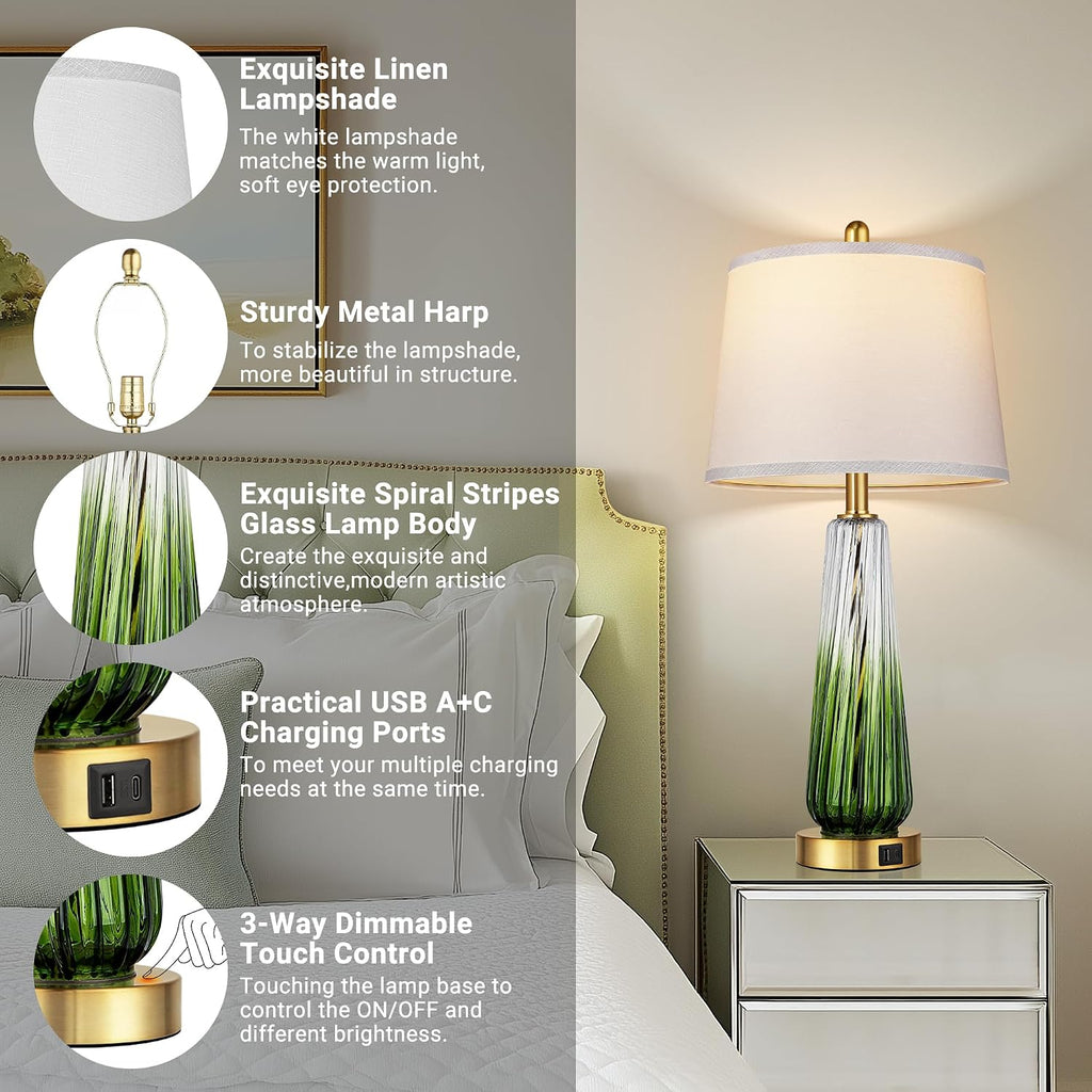 Glass Table Lamps Set of 2, Modern Bedside Lamps for Bedrooms with USB A+C Ports, 3-Way Dimmable Touch Control Nightstand Lamp with White…