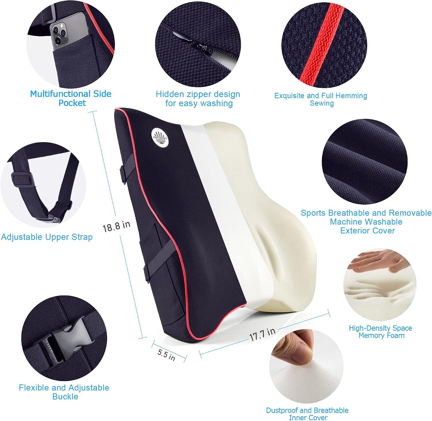 Antetoko Lumbar Support Pillow, Memory Foam Back Support for Office Chair, Computer Chair, Car Seat, Recliner and Couch with Breathable 3D Mesh…