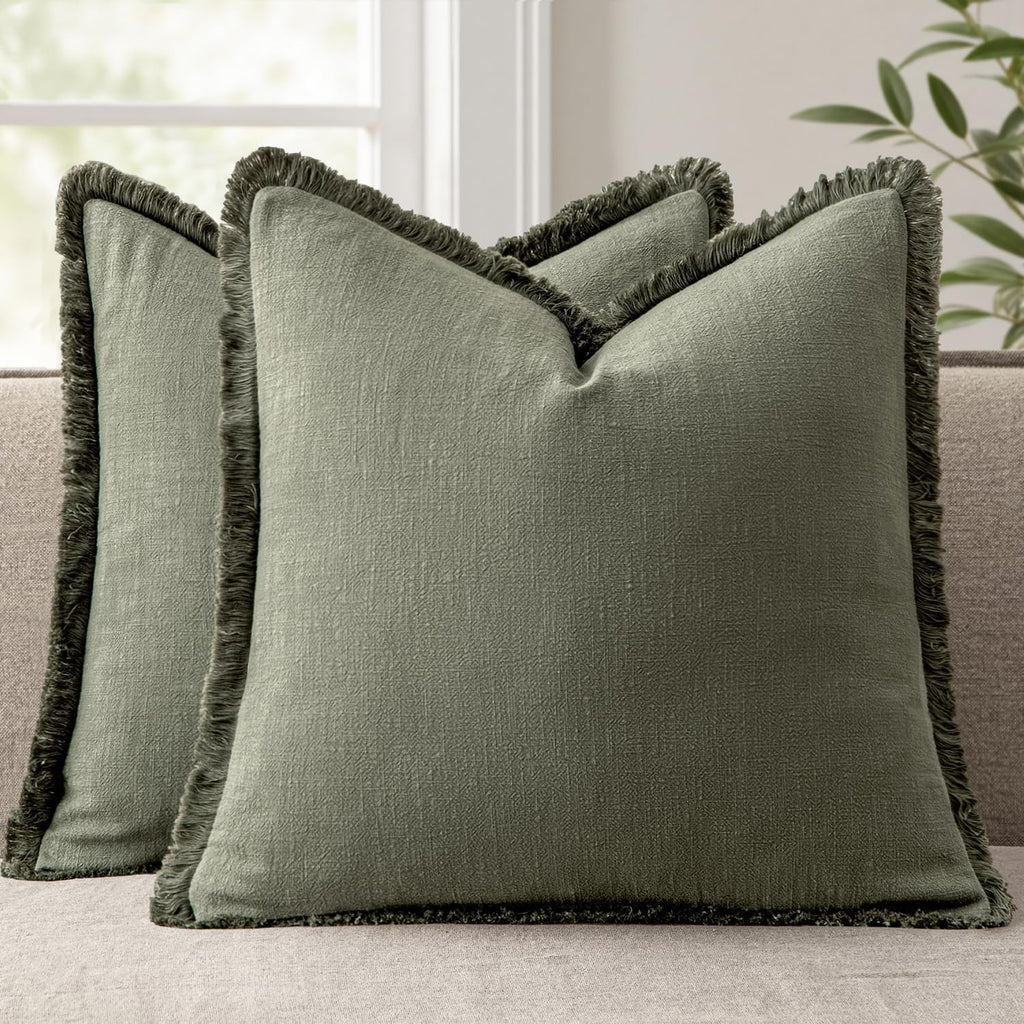 Anroduo Set of 2 Decorative Throw Pillow Covers 18×18 Inch Soft Linen Fringe Farmhouse Boho Vintage Cushion Cover with Tassels Accent Pillo…