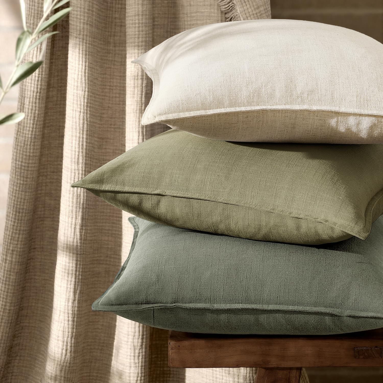 Anroduo Pack of 2 Decorative Linen Pillow Covers Olive Green Neutral Farmhouse Boho Soild Cushion Case Soft Accent Pillowcase for Couch Sof…