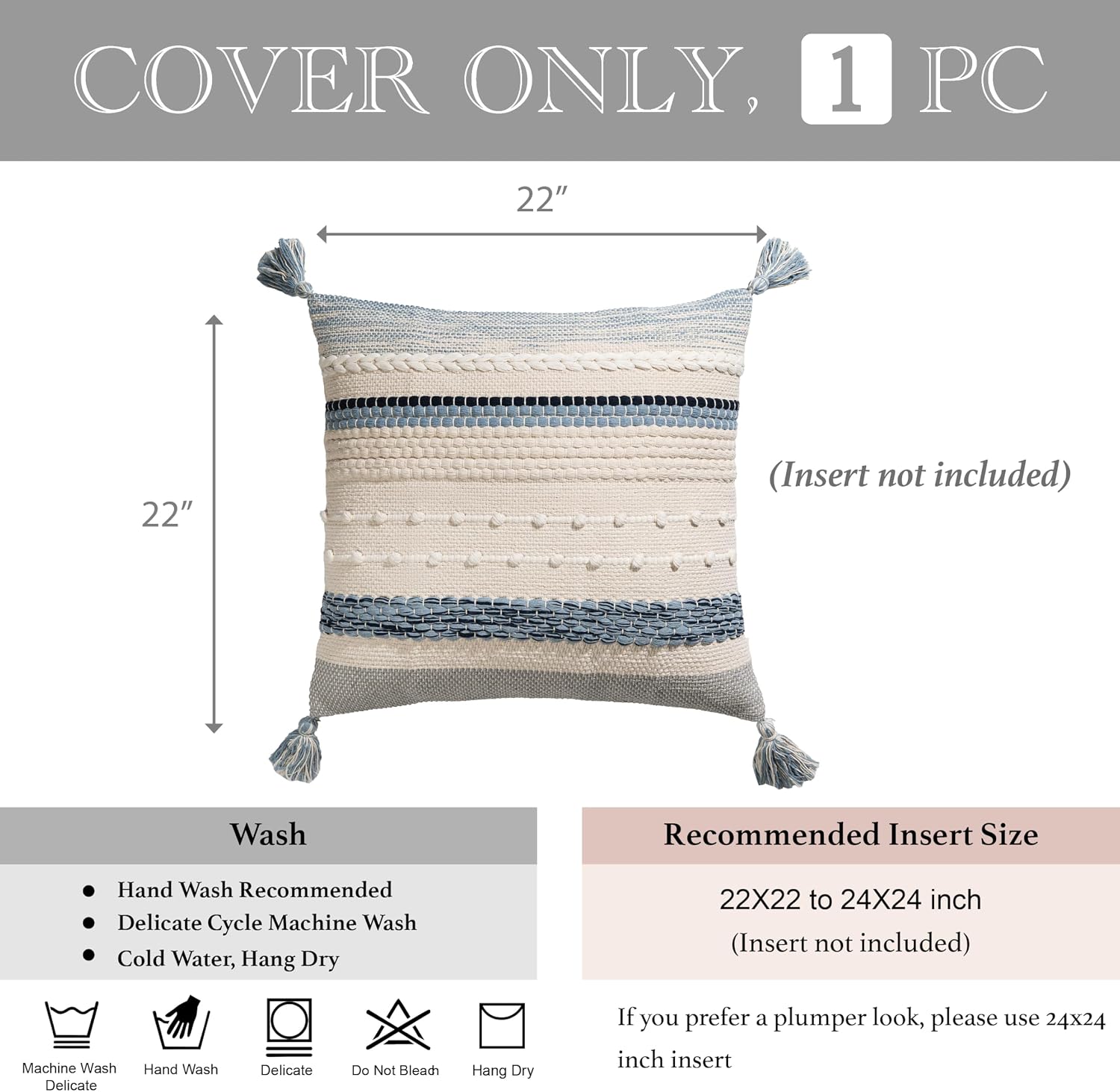 BlissBlush Coastal Blue Boho Decorative Throw Pillow Cover 22x22 Modern Bohemian Accent Pillow Case Square Woven Textured Farmhouse…