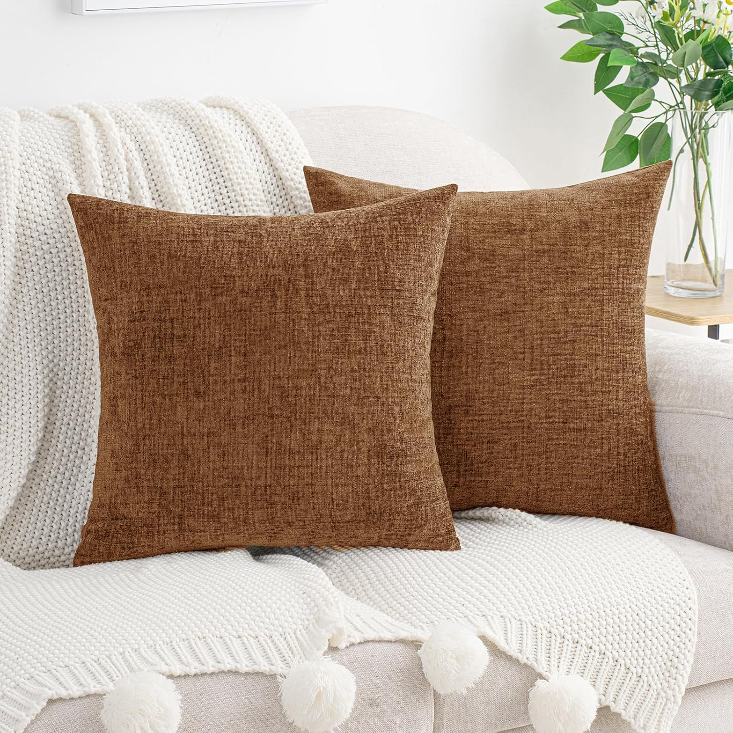 Hwy50 HWY 50 Brown Couch Pillow Covers 18x18 Inch Pack of 2, Soft Chenille Decorative Throw Pillow Cases Farmhouse for Sofa Living Room Bed…