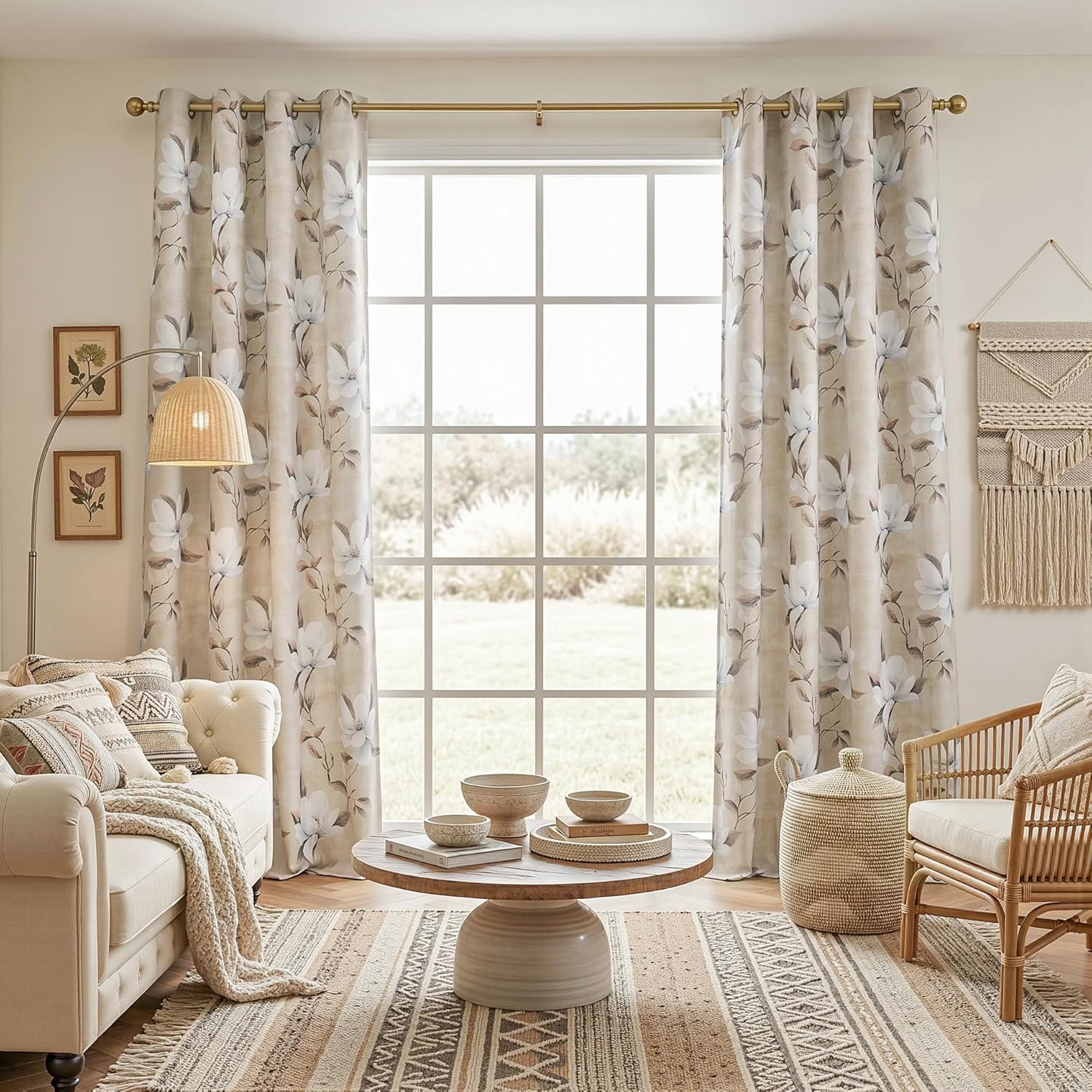 Myskyhome MYSKY HOME 95% Floral Boho Blackout Long Curtains 96 Inches Long 2 Panels - Thermal Insulated Light Blocking Drapes Spring White…